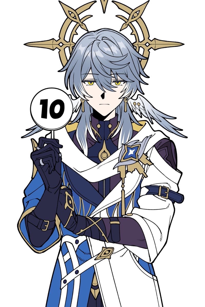 sos13825406402, sunday (honkai: star rail), honkai: star rail, honkai (series), highres, 1boy, black gloves, blue coat, closed mouth, coat, earrings, feathered wings, frown, gloves, gold earrings, grey hair, hair between eyes, hair intakes, halo, halo behind head, hand up, head wings, holding, holding sign, jewelry, long sleeves, looking at viewer, male focus, medium hair, multicolored coat, multicolored hair, multiple rings, piercing, purple shirt, ring, scorecard, shirt, sign, simple background, solo, streaked hair, turtleneck, white background, white coat, white hair, white wings, wing piercing, wings, yellow eyes