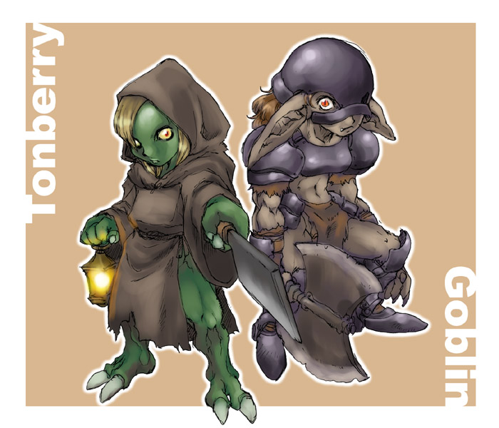 tomotsuka haruomi, goblin (final fantasy), tonberry, final fantasy, final fantasy xi, gender request, 00s, 2girls, armor, axe, blonde hair, brown background, brown hair, character name, claws, colored skin, dark-skinned female, dark skin, fang, female goblin, genderswap, goblin, green skin, grey skin, hatchet, helmet, hood, knife, lantern, looking at viewer, monster girl, multiple girls, nata (tool), pointy ears, red eyes, robe, text focus, weapon, yellow eyes