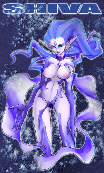 tomotsuka haruomi, shiva (final fantasy), final fantasy, final fantasy xi, 00s, 1girl, blue hair, breasts, colored skin, female focus, female pubic hair, monster girl, nipples, pointy ears, pubic hair, purple skin, solo
