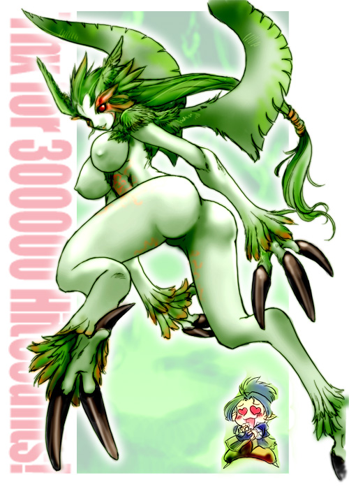 tomotsuka haruomi, garuda (final fantasy), final fantasy, final fantasy xi, 00s, 1boy, 1girl, ass, breasts, claws, colored skin, feathers, geruda, green hair, green skin, harpy, huge breasts, monster girl, tarutaru, wings