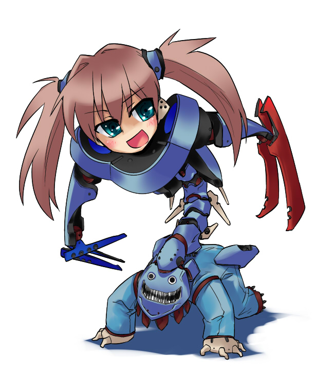 stroma, 1girl, :d, blue eyes, blush, brown hair, creature, female focus, foreshortening, full body, headgear, long hair, machinery, mecha, open mouth, outstretched arms, robot, sharp teeth, simple background, smile, solo, teeth, twintails, what, white background
