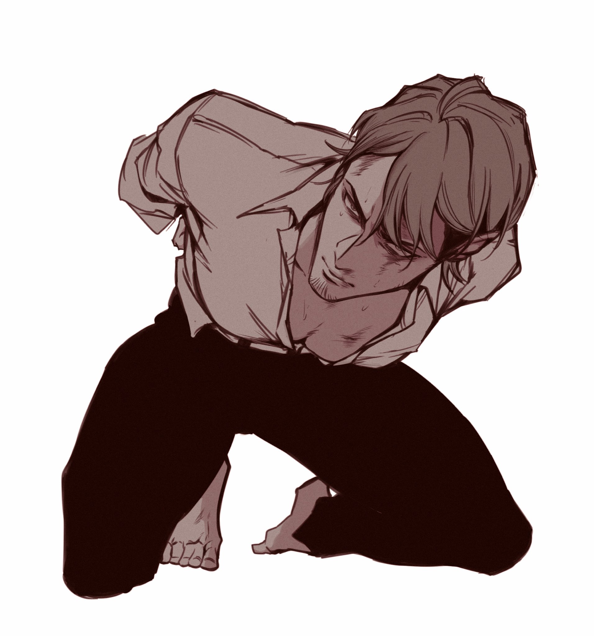 jean kirstein, shingeki no kyojin, highres, 1boy, arms behind back, barefoot, black pants, blood, blood on face, bruise, bruise on chest, collared shirt, injury, looking to the side, male focus, namatya564, open clothes, open shirt, pants, parted bangs, restrained, shirt, simple background, solo, white background, wing collar