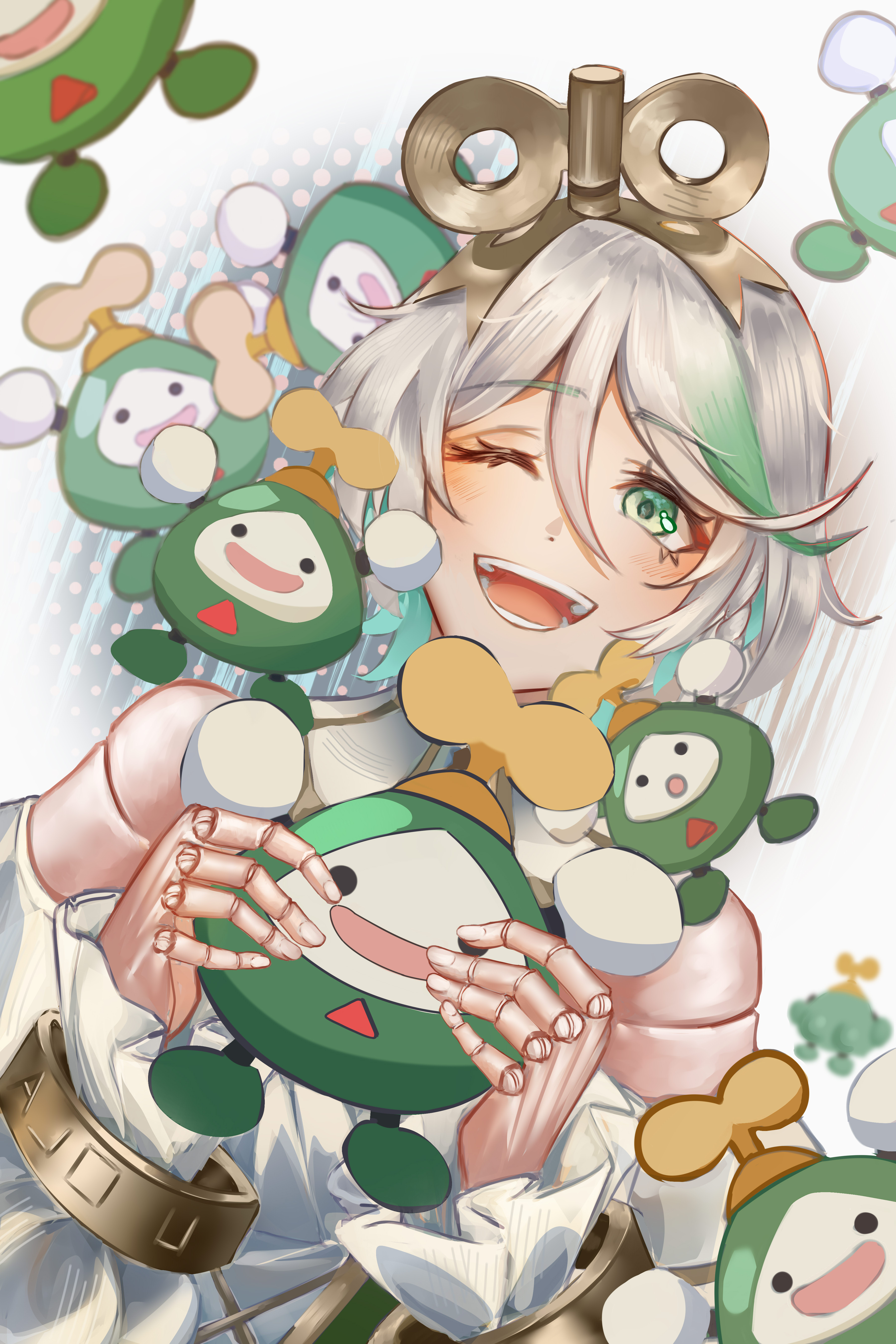 cecilia immergreen, cecilia immergreen (1st costume), otomo (cecilia immergreen), hololive, hololive english, absurdres, highres, 1girl, ;d, detached sleeves, doll joints, gradient hair, green eyes, green hair, grey hair, hair between eyes, joints, medium hair, multicolored hair, one eye closed, open mouth, qjinator, romper, smile, teeth, virtual youtuber, white romper, winding key