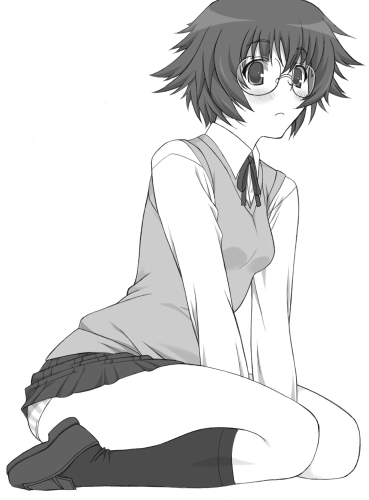 shichimenchou, yamada michiru, to heart (series), to heart 2, 00s, blush, glasses, greyscale, kneehighs, monochrome, panties, school uniform, serafuku, socks, solo, underwear