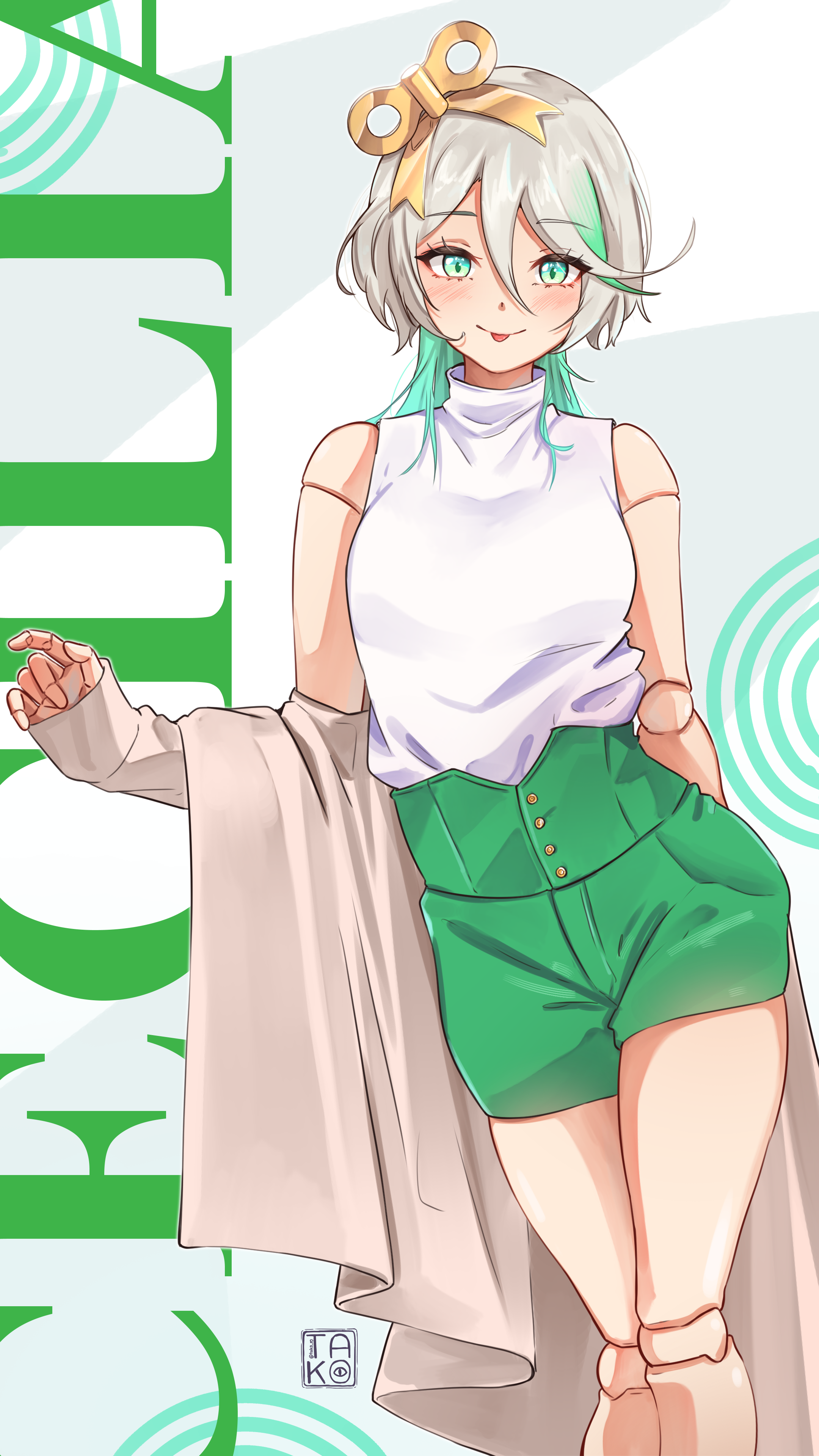 takoroki, cecilia immergreen, hololive, hololive english, absurdres, highres, 1girl, alternate costume, alternate hair length, alternate hairstyle, doll joints, gradient hair, green eyes, green hair, green shorts, grey hair, joints, long hair, looking at viewer, multicolored hair, short shorts, shorts, sleeveless, sleeveless turtleneck, solo, sweater, tongue, tongue out, turtleneck, turtleneck sweater, virtual youtuber, white sweater, winding key