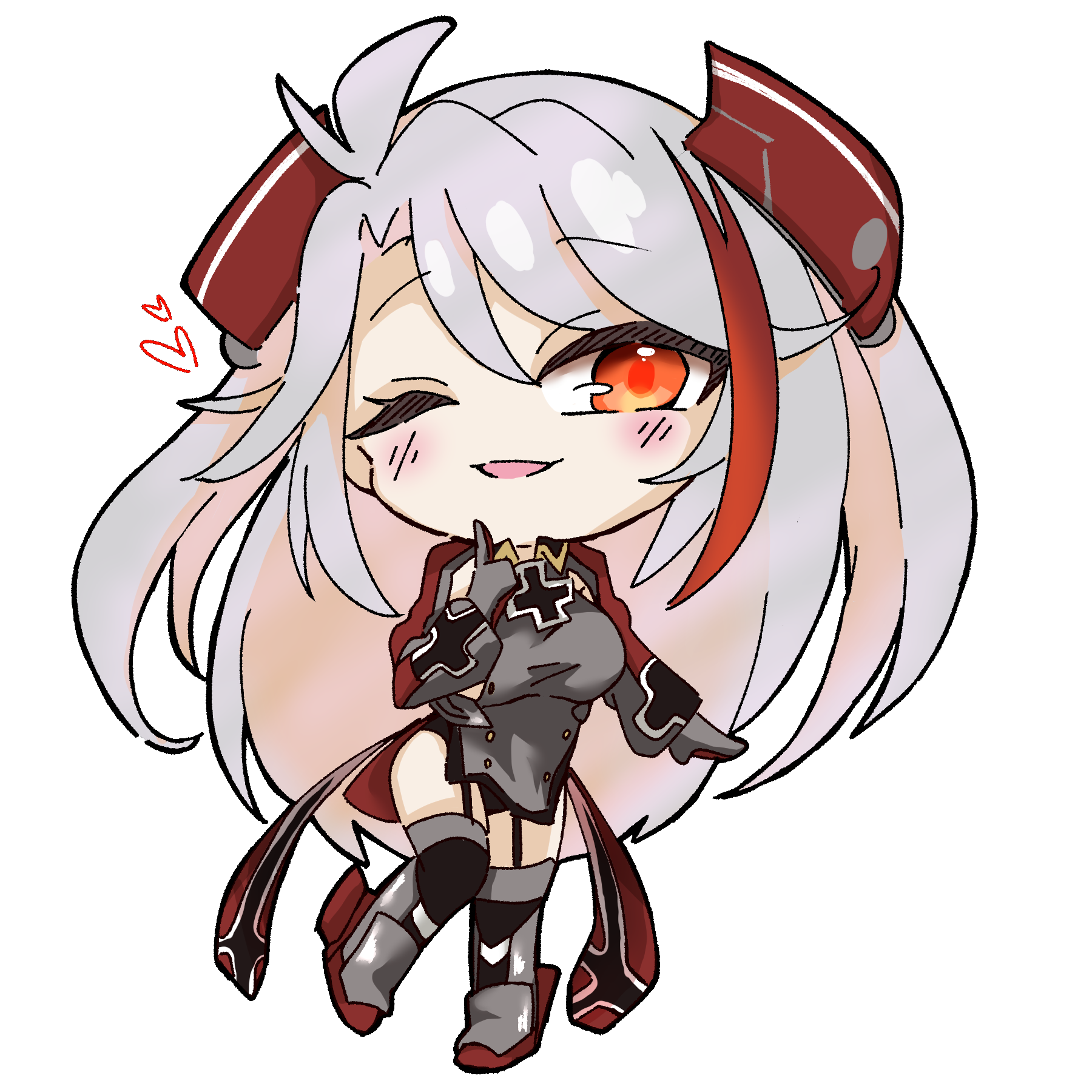 prinz eugen (azur lane), azur lane, highres, 1girl, ;d, breasts, chibi, full body, gloves, grey gloves, hair ornament, large breasts, long hair, long sleeves, looking at viewer, military uniform, one eye closed, open mouth, orange eyes, sekiya13, smile, solo, white background, white hair