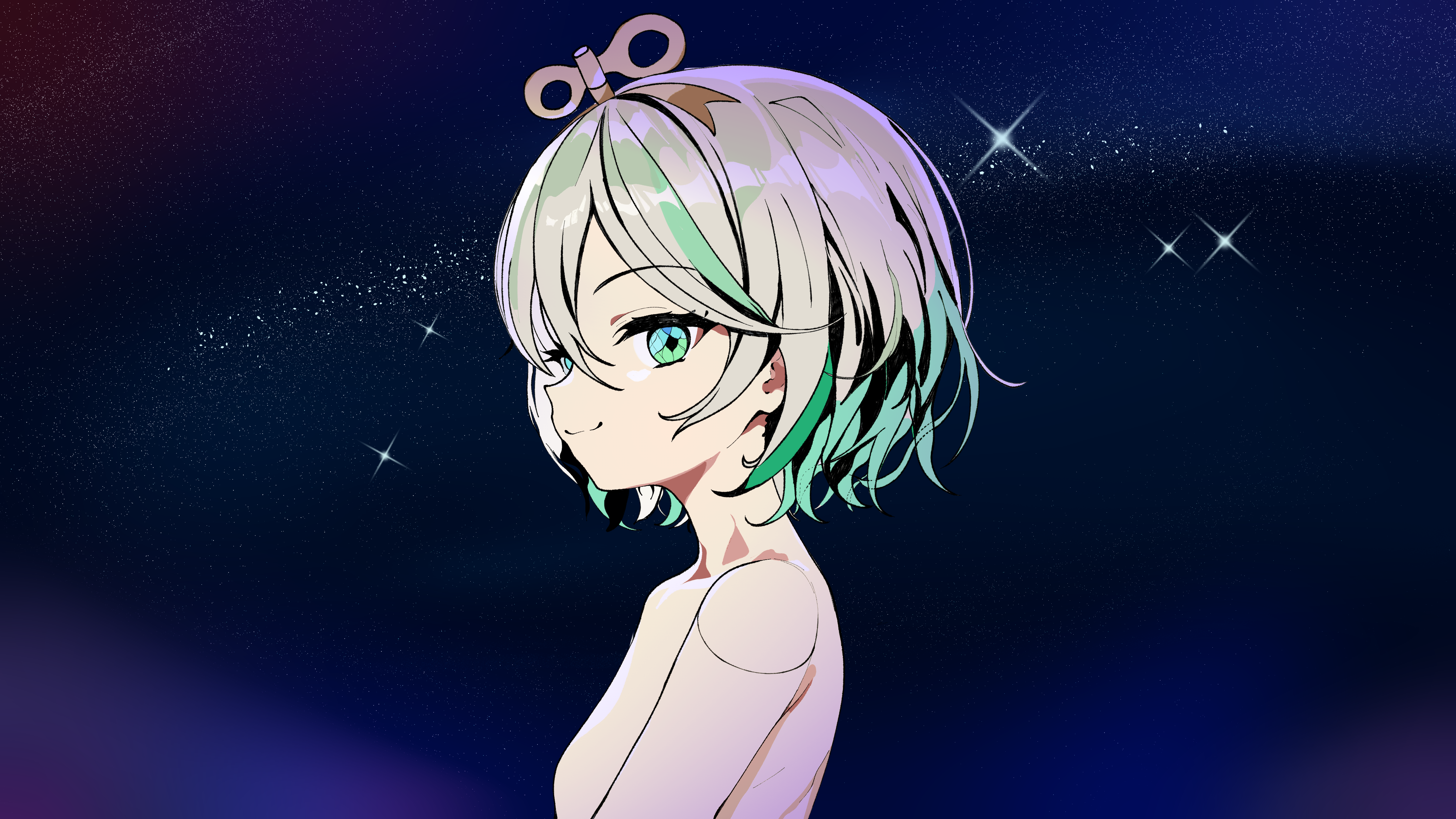 xmys, cecilia immergreen, hololive, hololive english, absurdres, highres, 1girl, breasts, closed mouth, doll joints, gradient hair, green eyes, green hair, grey hair, joints, medium hair, multicolored hair, nude, small breasts, smile, solo, virtual youtuber, winding key