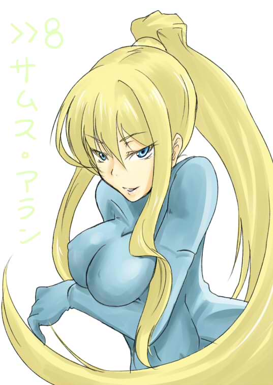 unk, samus aran, metroid, nintendo, breast hold, bad id, bad pixiv id, 1girl, blonde hair, blue eyes, bodysuit, breasts, female focus, large breasts, long hair, ponytail, shiny clothes, skin tight, smile, solo, zero suit
