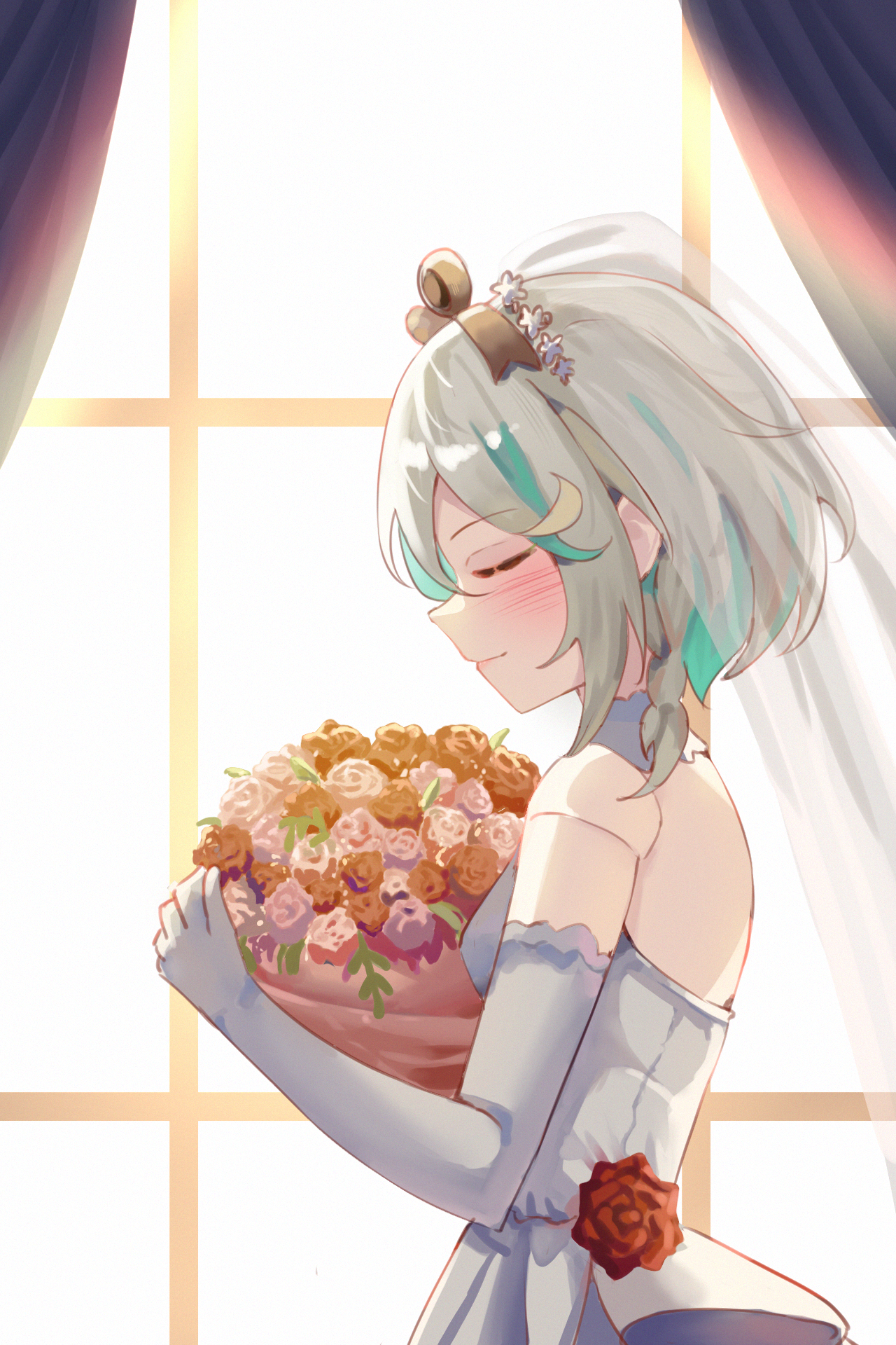 pyrokuro, cecilia immergreen, hololive, hololive english, highres, 1girl, bouquet, breasts, bridal veil, bride, closed eyes, closed mouth, doll joints, dress, elbow gloves, flower, gloves, gradient hair, green hair, grey hair, holding, holding bouquet, joints, medium hair, multicolored hair, small breasts, solo, veil, virtual youtuber, wedding dress, white dress, white gloves, winding key, window