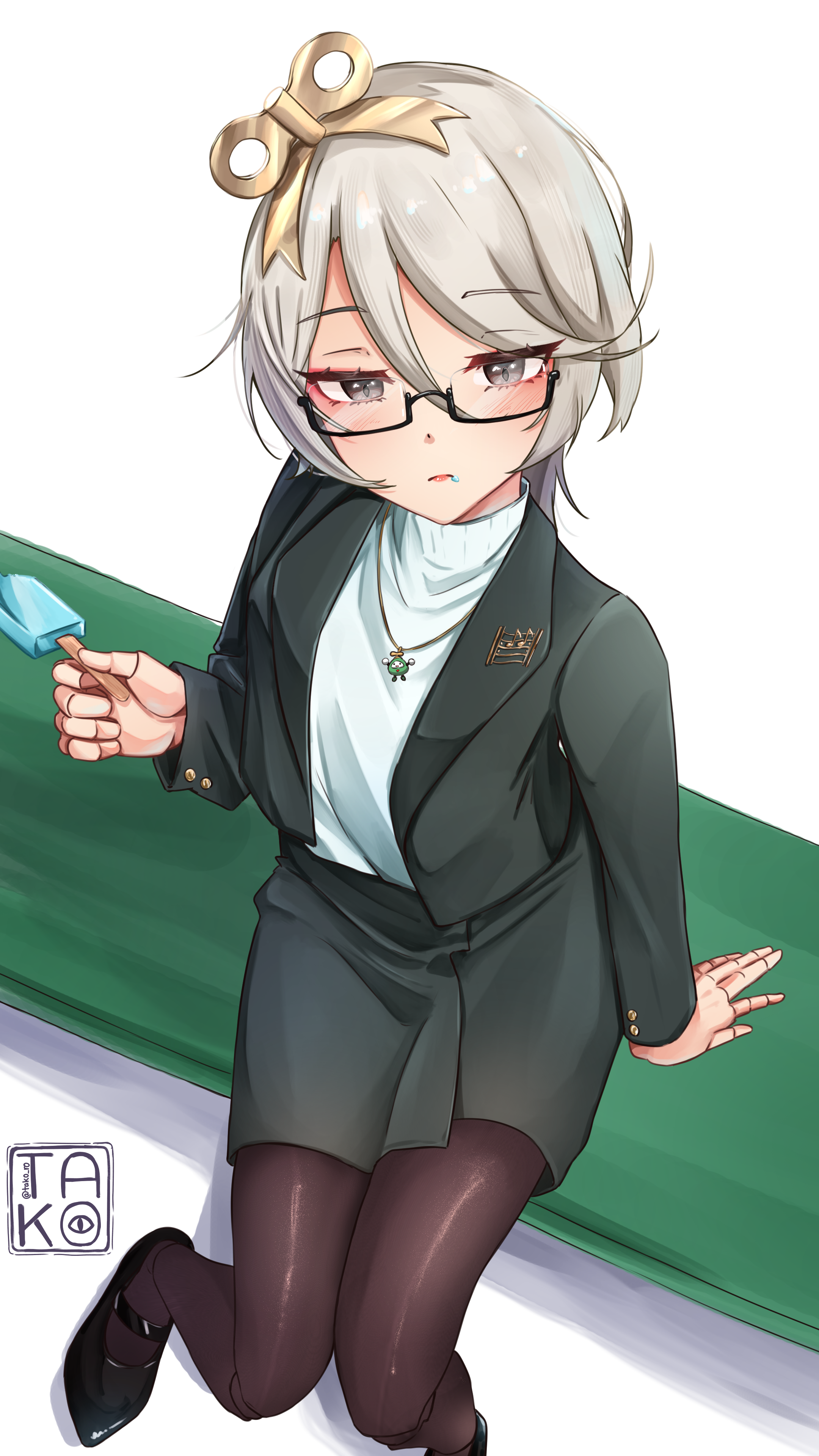 takoroki, cecilia immergreen, otomo (cecilia immergreen), hololive, hololive english, absurdres, highres, 1girl, alternate costume, alternate eye color, arm support, black jacket, black pantyhose, black skirt, doll joints, food, food on face, glasses, grey eyes, grey hair, holding, holding food, holding ice cream, ice cream, ice cream bar, jacket, jewelry, joints, multicolored hair, necklace, pantyhose, semi-rimless eyewear, skirt, solo, sweater, turtleneck, turtleneck sweater, virtual youtuber, white background, white sweater, winding key