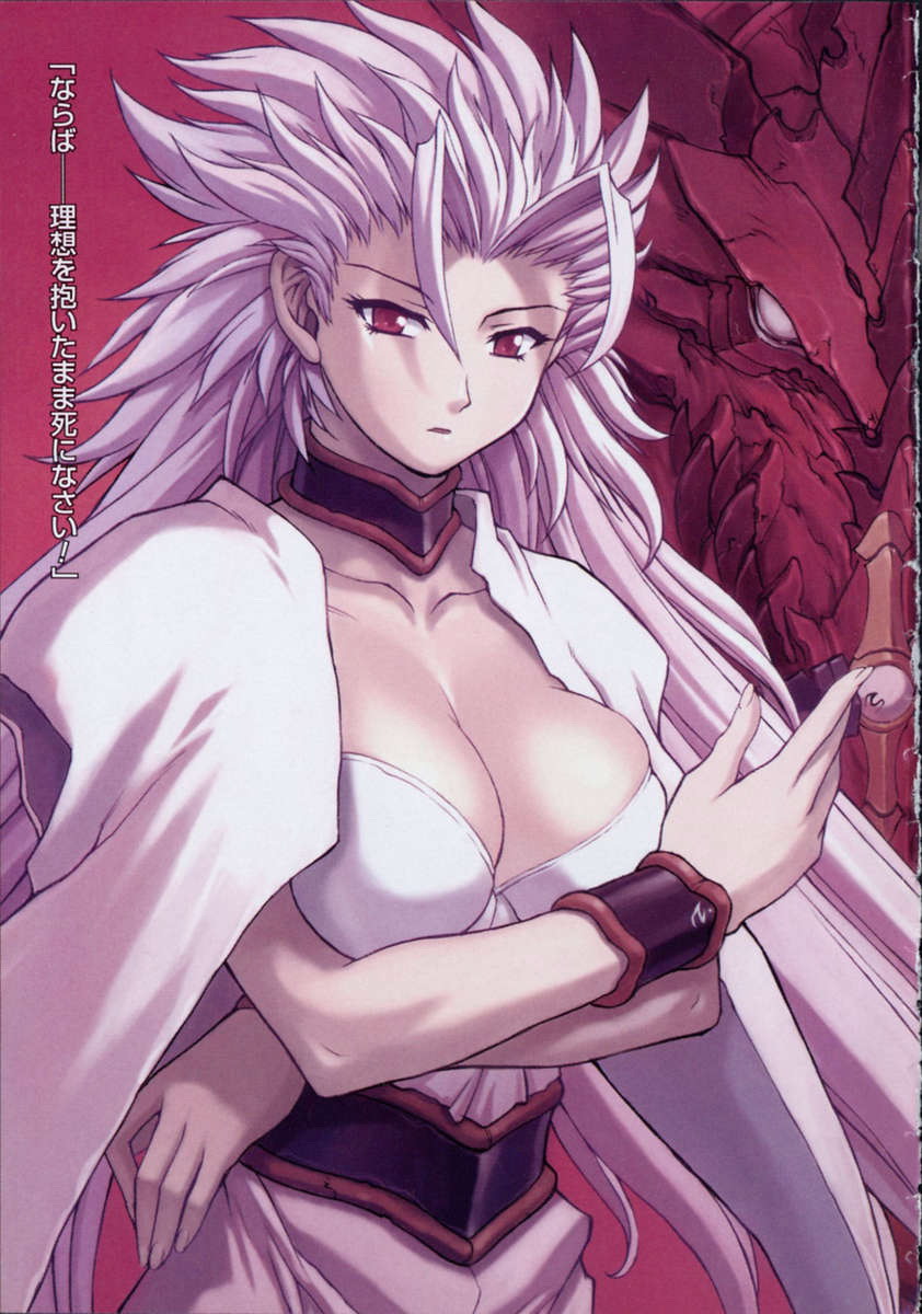 mogudan, steyr, scrapped princess, highres, non-web source, 00s, 1girl, breasts, choker, cleavage, crossed arms, female focus, large breasts, red eyes, solo, spiked hair, white hair, wristband
