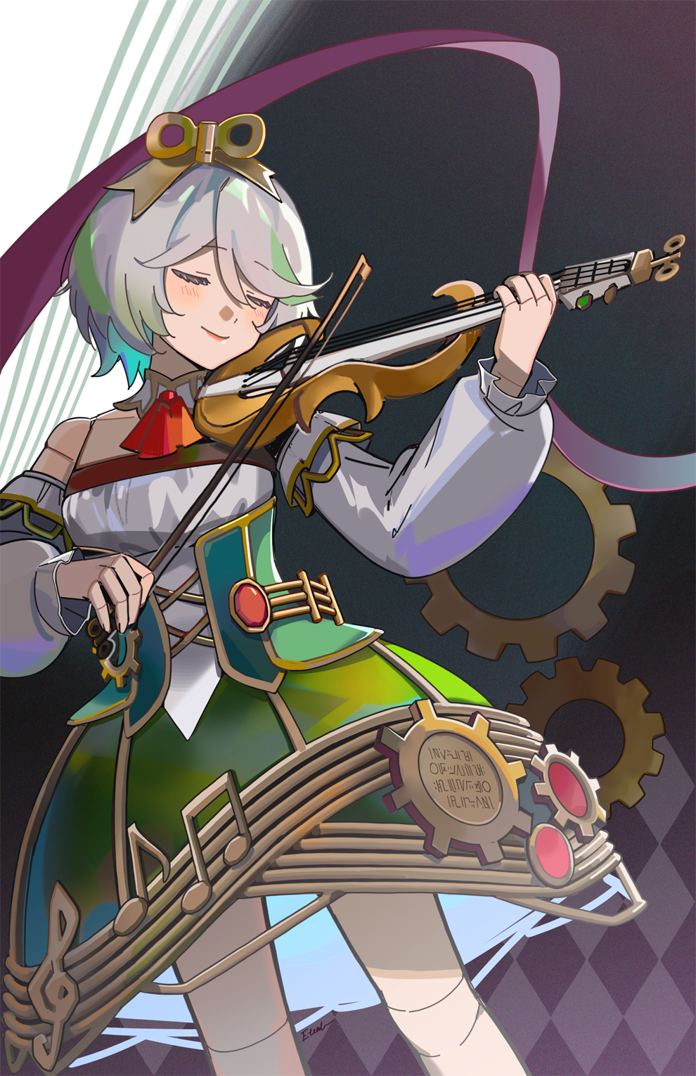 rainry, cecilia immergreen, cecilia immergreen (1st costume), hololive, hololive english, highres, 1girl, ascot, bow (music), closed eyes, closed mouth, corset, detached collar, detached sleeves, doll joints, gears, green corset, green hair, green skirt, grey hair, holding, holding bow (music), holding instrument, holding violin, instrument, joints, multicolored hair, music, playing instrument, red ascot, romper, skirt, solo, strapless romper, violin, virtual youtuber, white romper, winding key