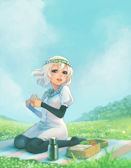 weno, weno's blonde original character, original, 1girl, black eyes, black pantyhose, day, eating, female focus, field, food, grass, head wreath, kneeling, leggings, pantyhose, picnic, picnic basket, sandwich, sitting, sky, solo, wariza, white hair