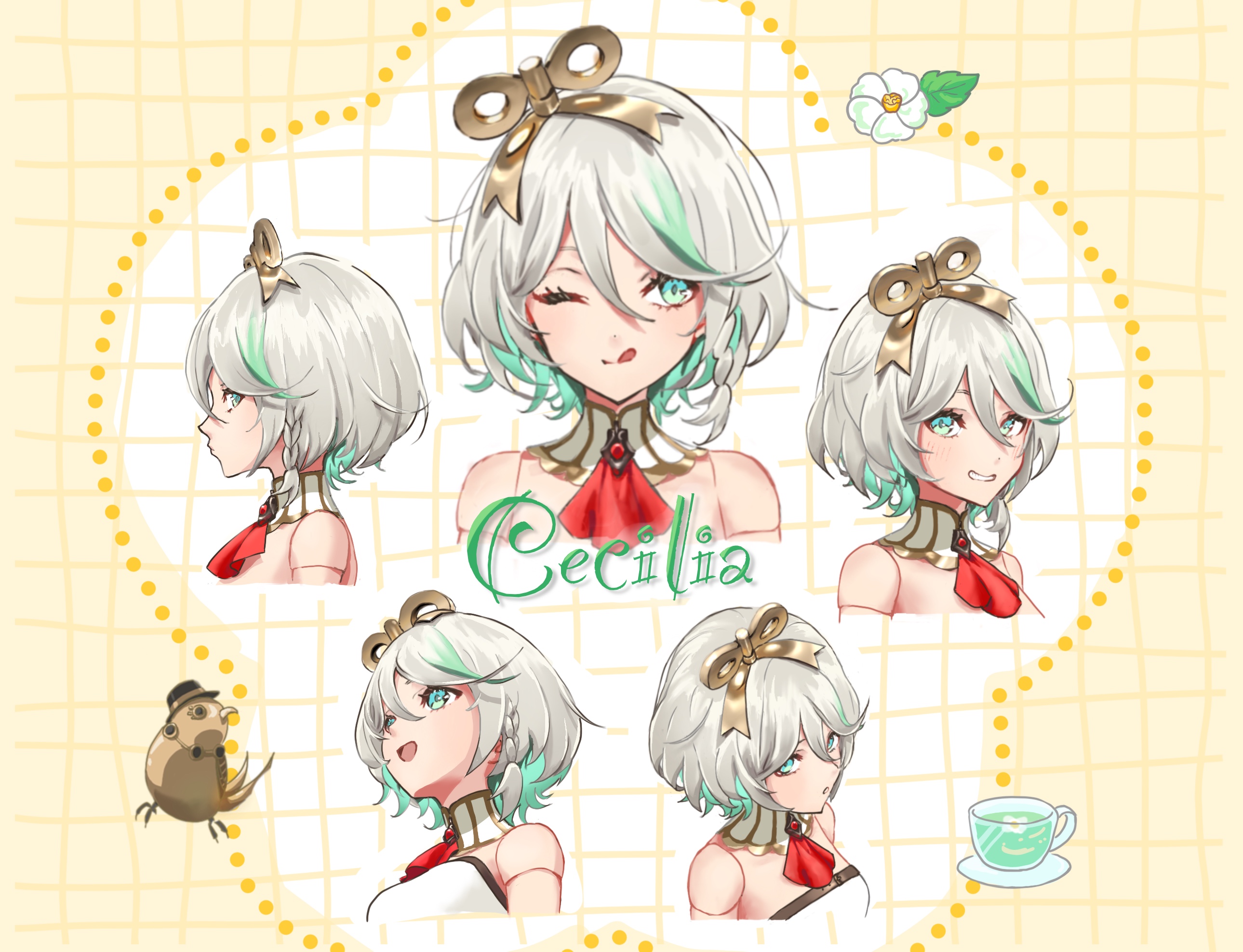 cecilia immergreen, cecilia immergreen (1st costume), hololive, hololive english, highres, 1girl, ;q, ascot, braid, character name, cup, detached collar, doll joints, flower, gradient hair, green eyes, green hair, grey hair, grin, joints, medium hair, multicolored hair, multiple views, non-humanoid robot, one eye closed, ranze lapis, red ascot, robot, robot animal, robot bird, romper, saucer, single braid, smile, tea, teacup, teeth, tongue, tongue out, virtual youtuber, white flower, white romper, winding key, wrist cuffs