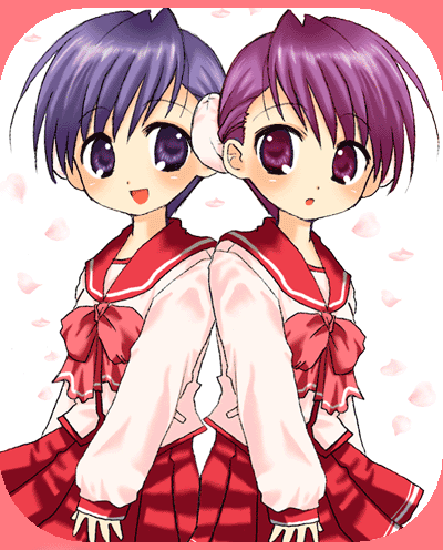 noriko (artist), noriko (pandora), himeyuri ruri, himeyuri sango, to heart (series), to heart 2, lowres, 00s, 2girls, blue eyes, blue hair, blush, bun cover, cherry blossoms, double bun, hair bun, multiple girls, purple eyes, purple hair, school uniform, serafuku, siblings, sisters, standing, symmetry, twins