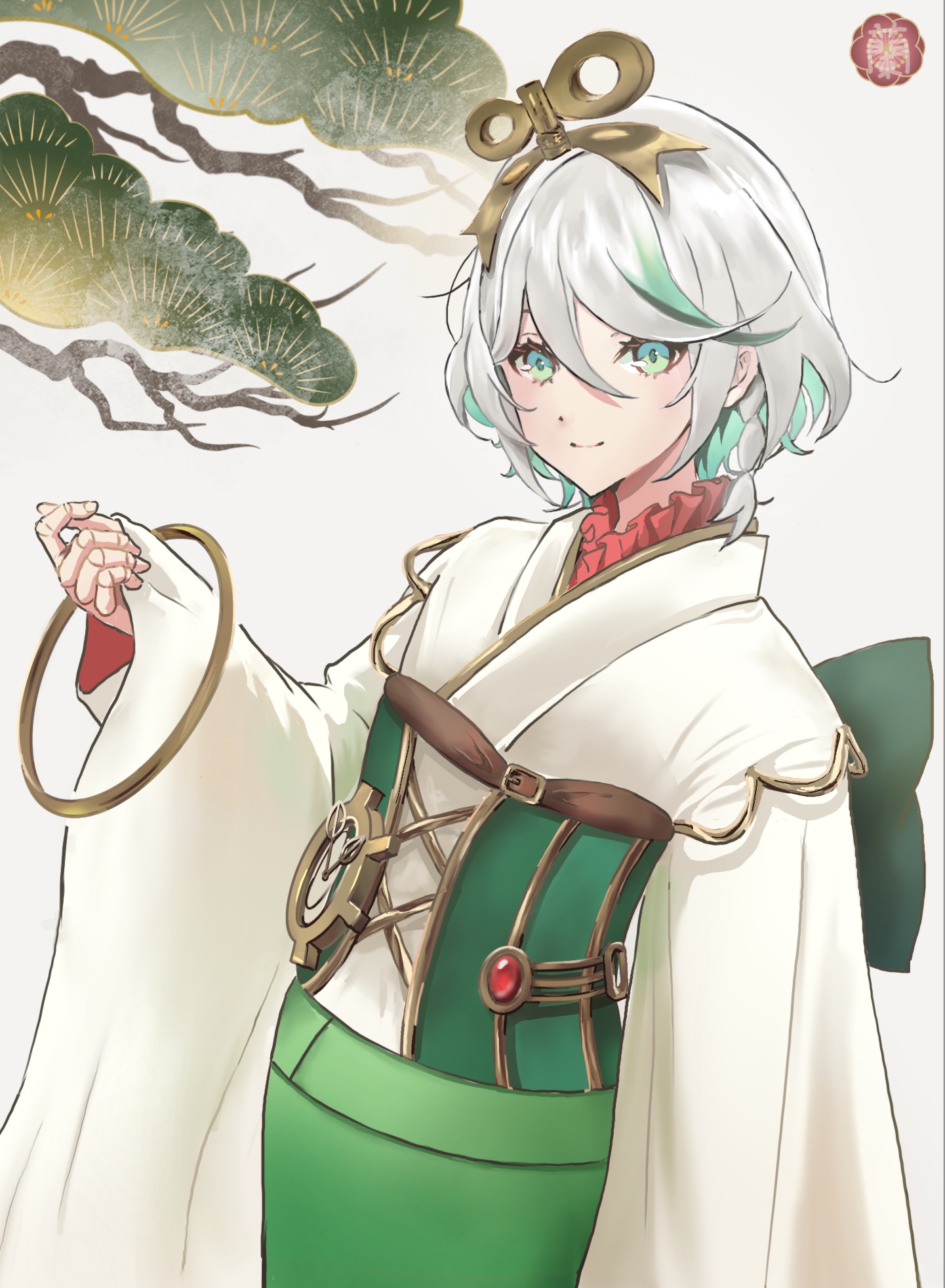 cecilia immergreen, hololive, hololive english, highres, 1girl, branch, closed mouth, corset, doll joints, gradient hair, green corset, green eyes, green hair, grey hair, hair between eyes, japanese clothes, joints, kimono, light smile, medium hair, multicolored hair, ranze lapis, solo, virtual youtuber, white kimono, winding key