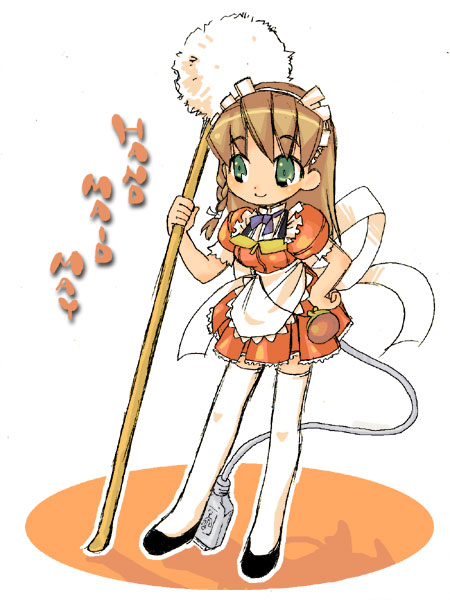 noriko (artist), noriko (pandora), cyberdoll may, hand maid may, 00s, 1girl, apron, bow, braid, brown hair, dress, ear pick, female focus, green eyes, hair bow, long hair, maid, maid apron, mimikaki, mini person, minigirl, ribbon, solo, standing, thighhighs, usb