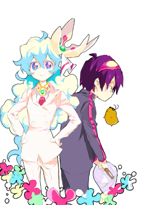 boota (ttgl), nia teppelin, simon (ttgl), tengen toppa gurren lagann, non-web source, + +, 00s, 1boy, 1girl, blonde hair, blue eyes, blue hair, brooch, collar, couple, cross-shaped pupils, curly hair, dress, formal clothes, gem, goggles, goggles on head, jewelry, long hair, long sleeves, multicolored hair, pink dress, purple hair, simple background, symbol-shaped pupils, two-tone hair, very long hair, white background