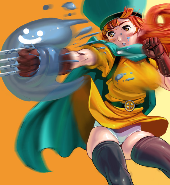 kouno (masao), alena (dq4), slime (dragon quest), chunsoft, dragon quest, dragon quest iv, enix, 1girl, alternate legwear, blush, cape, clothes lift, female focus, gloves, hat, long hair, panties, pantyshot, punching, red eyes, red hair, skirt, skirt lift, slime (creature), solo, thighhighs, underwear, upskirt, yellow skirt