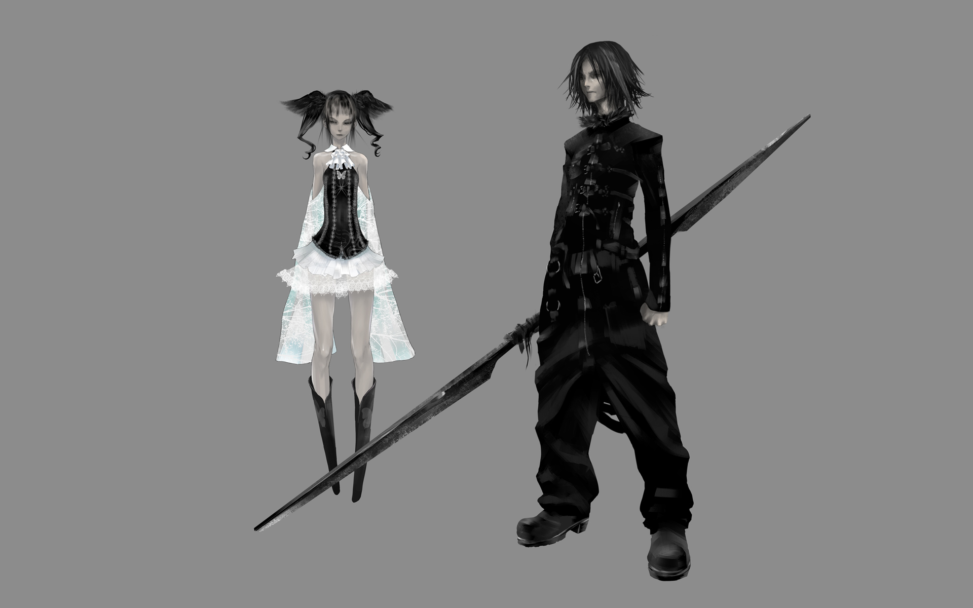 redjuice, original, highres, bare shoulders, black hair, boots, lace, skirt, weapon