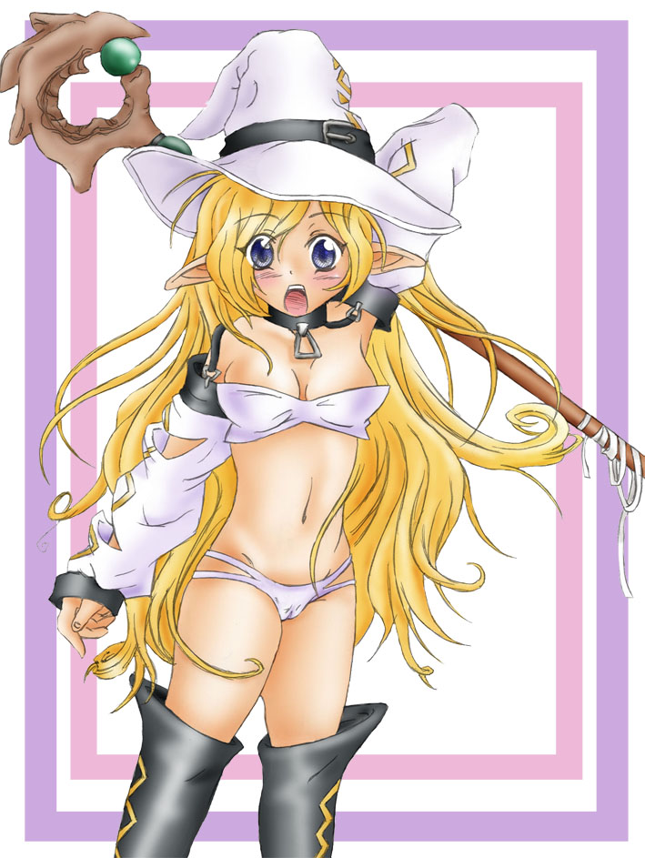 evilsnowball7, hokuto (l una r), hokuto (.hack), hokuto (.hack//), .hack//, .hack//ai buster, bandai, cyber connect 2, 1girl, bandeau, bikini, black thighhighs, blonde hair, blue eyes, blush, breasts, cameltoe, cleavage, detached sleeves, elf, female focus, hat, long hair, open mouth, pointy ears, solo, staff, strapless, swimsuit, thighhighs, tube top, very long hair, white bikini, witch hat, wizard hat