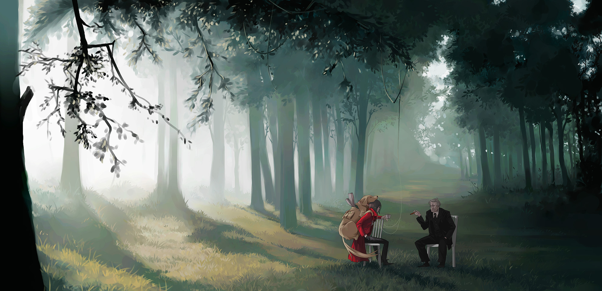 mayumio, bela bartok, light, highres, long image, wide image, 2boys, chair, cigar, cup, dog, earphones, forest, formal clothes, jacket, male focus, multiple boys, nature, outdoors, plant, red jacket, scenery, sitting, suit, tree