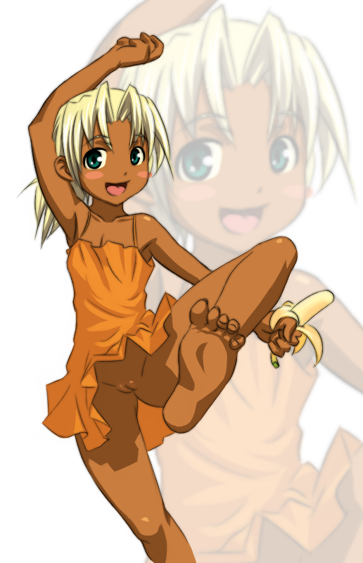 utilizator, kaolla su, love hina, 1girl, arm up, armpits, banana, bare legs, barefoot, blonde hair, blue eyes, blush stickers, dark skin, dress, eye contact, feet, female focus, flat chest, food, fruit, holding, holding food, holding fruit, loli, looking at another, narrow waist, no panties, open mouth, orange dress, ponytail, presenting, pussy, soles, solo, spaghetti strap, toes, uncensored, zoom layer