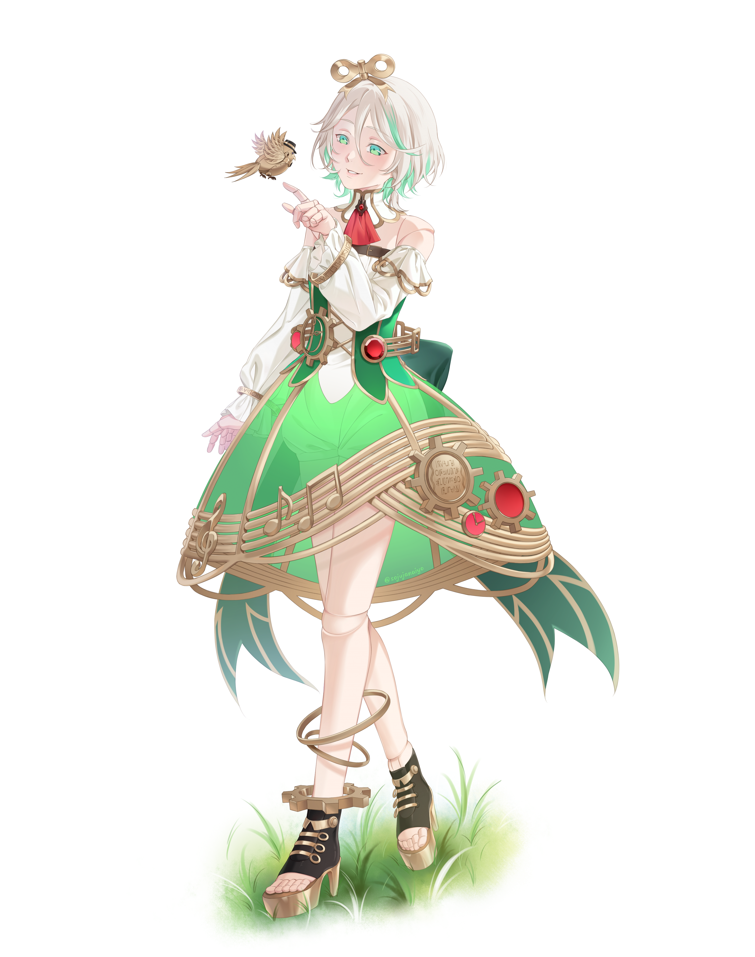 cecilia immergreen, cecilia immergreen (1st costume), hololive, hololive english, absurdres, highres, 1girl, ascot, colored inner hair, corset, detached collar, detached sleeves, doll joints, full body, gears, grass, green corset, green eyes, green hair, green skirt, grey hair, joints, medium hair, multicolored hair, musical note ornament, musical staff, musical staff print, red ascot, romper, simple background, skirt, sojujanaiyo, solo, standing, strapless romper, virtual youtuber, white background, white romper, winding key