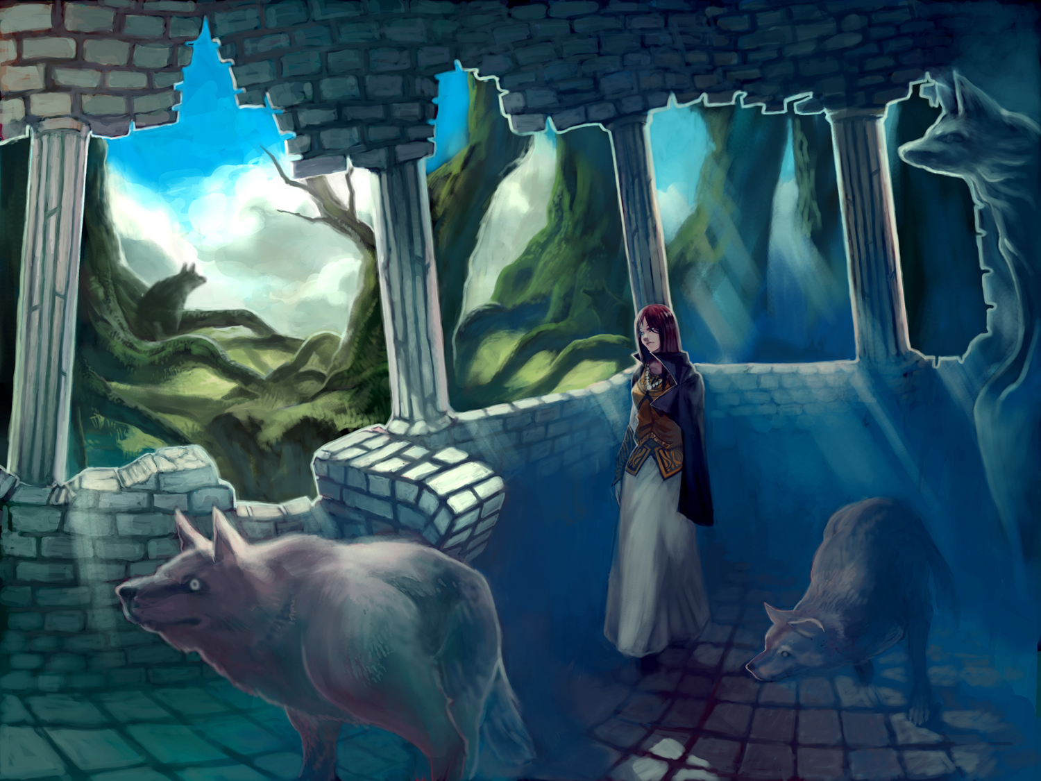 lack, blue eyes, building, cloud, column, day, landscape, light rays, pillar, red hair, ruins, scenery, sky, smile, solo, statue, sunbeam, sunlight, tree, wolf