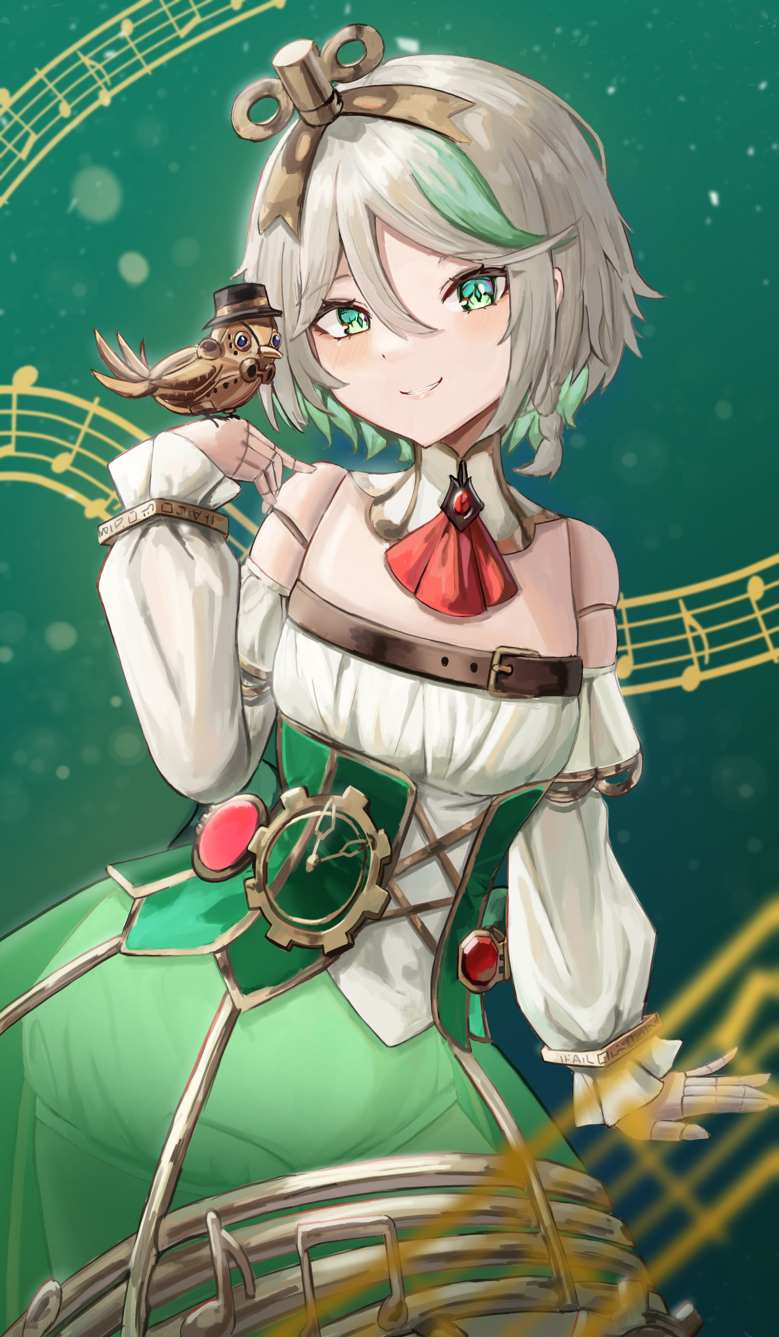 just tume, cecilia immergreen, cecilia immergreen (1st costume), hololive, hololive english, absurdres, highres, 1girl, ascot, closed mouth, colored inner hair, corset, detached collar, detached sleeves, doll joints, green corset, green eyes, green hair, green skirt, grey hair, joints, looking at viewer, medium hair, multicolored hair, non-humanoid robot, red ascot, robot, robot animal, romper, skirt, smile, solo, strapless romper, virtual youtuber, white romper, winding key