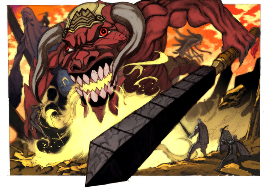 lack, 3boys, battle, bow (weapon), demon, fighting, fire, glowing, horns, lava, male focus, multiple boys, sword, weapon