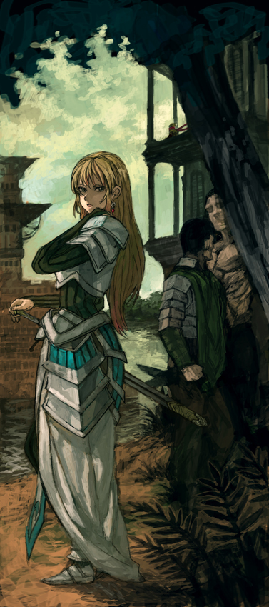 lack, idea (ground march), ground march, 1girl, armor, blonde hair, building, cloud, earrings, jewelry, long hair, sky, sword, tree, water, weapon