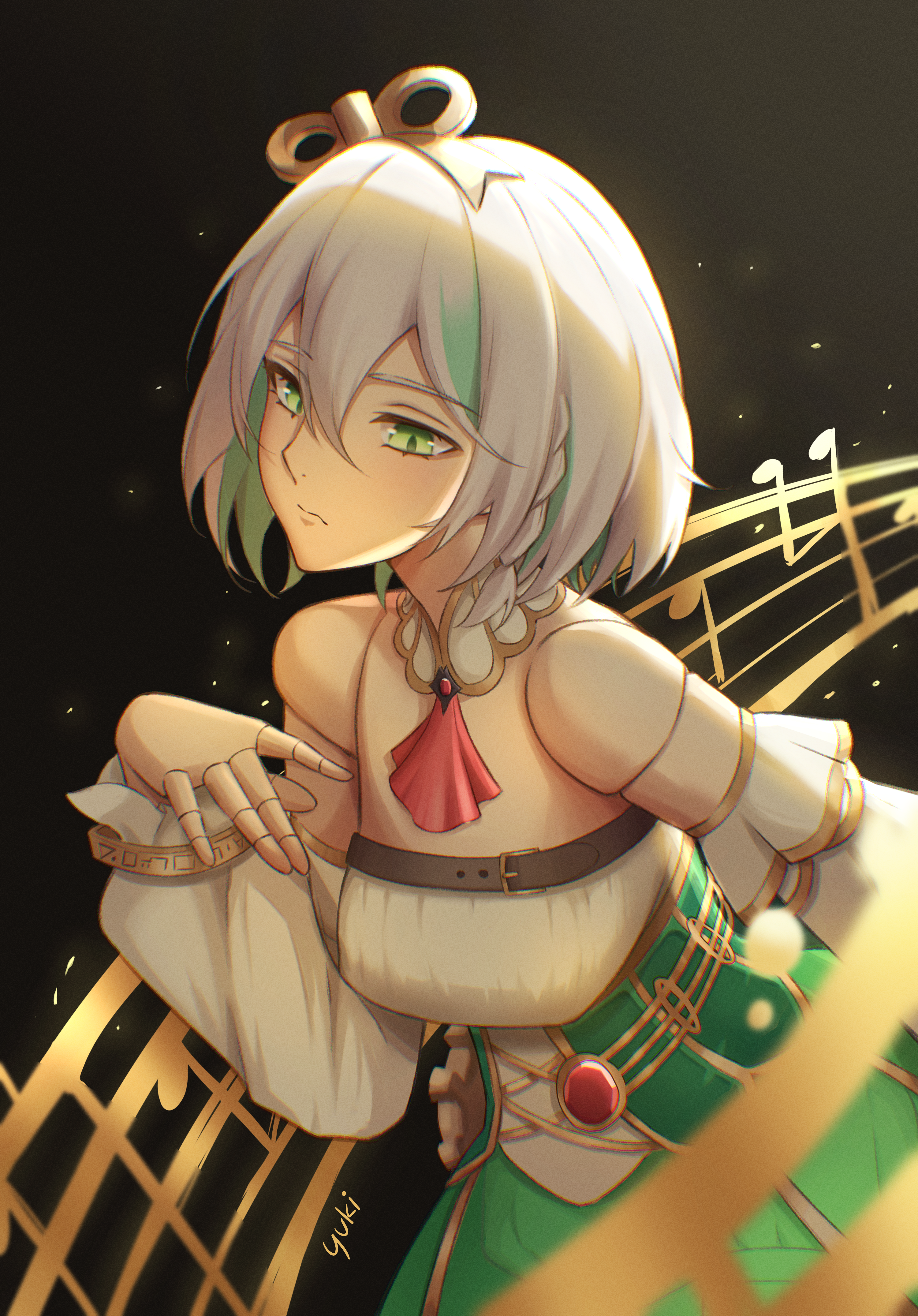 yuki (yuk1 94), cecilia immergreen, cecilia immergreen (1st costume), hololive, hololive english, absurdres, highres, 1girl, ascot, closed mouth, colored inner hair, corset, detached collar, detached sleeves, doll joints, green corset, green eyes, green hair, green skirt, grey hair, joints, medium hair, multicolored hair, musical note, musical staff, red ascot, romper, skirt, solo, strapless romper, virtual youtuber, white romper, winding key