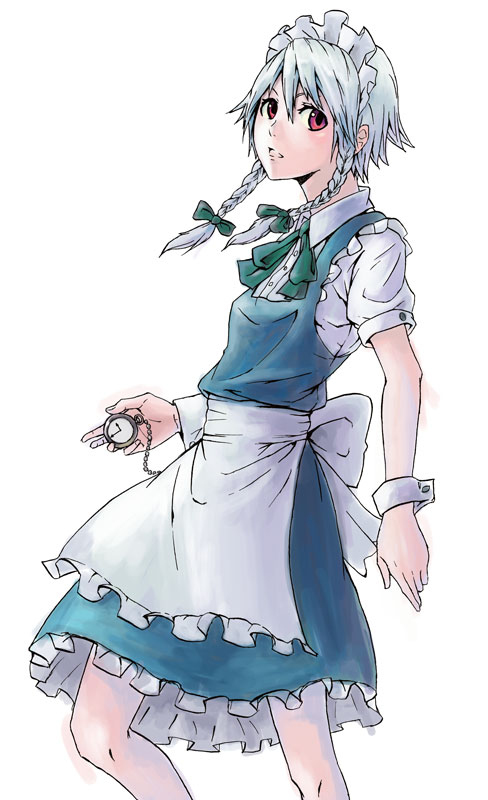 akitu kouta, izayoi sakuya, embodiment of scarlet devil, touhou, 1girl, braid, clock, female focus, maid, red eyes, ribbon, short hair, simple background, solo, twin braids