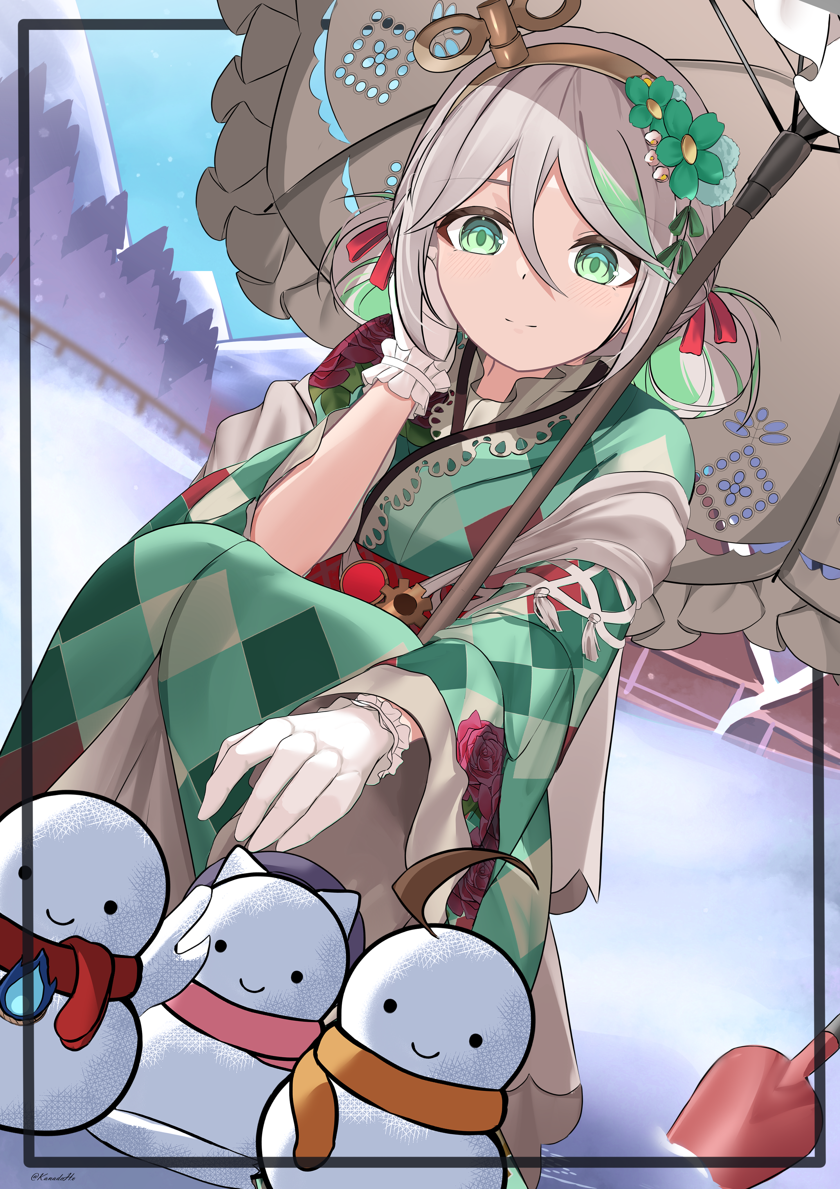 kanadeho, cecilia immergreen, cecilia immergreen (new year), elizabeth rose bloodflame, gigi murin, raora panthera, hololive, hololive english, character snowman, absurdres, highres, 1girl, blue sky, building, closed mouth, day, doll joints, double bun, flower, gloves, green eyes, green hair, green kimono, grey hair, hair bun, hair flower, hair ornament, japanese clothes, joints, kimono, medium hair, mountain, multicolored hair, official alternate costume, official alternate hairstyle, outdoors, sky, snow, solo, squatting, umbrella, virtual youtuber, white gloves, winding key