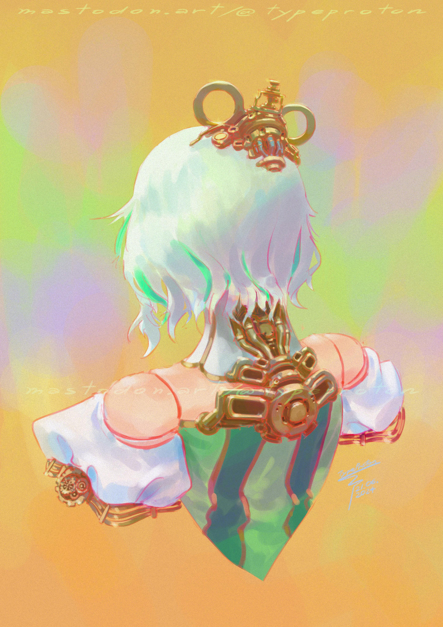 typeproton, cecilia immergreen, cecilia immergreen (1st costume), hololive, hololive english, commentary, english commentary, highres, 1girl, artist name, detached collar, detached sleeves, doll joints, from behind, green eyes, green hair, grey hair, joints, medium hair, multicolored hair, solo, virtual youtuber, winding key