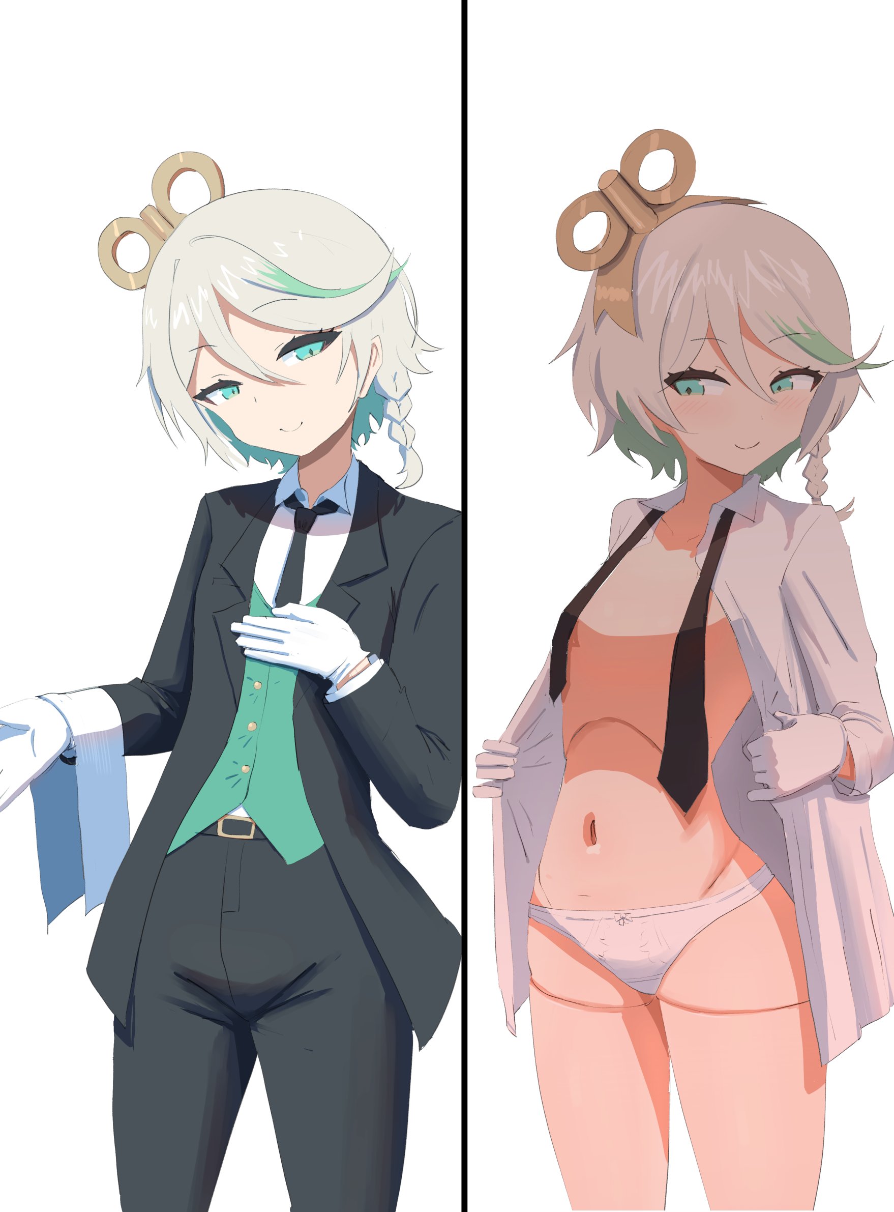 angelchama, cecilia immergreen, hololive, hololive english, highres, 1girl, black jacket, black necktie, black pants, braid, butler, closed mouth, doll joints, formal clothes, gloves, gradient hair, green eyes, green hair, green vest, grey hair, jacket, joints, medium hair, multicolored hair, multiple views, navel, necktie, pant suit, pants, shirt, single braid, smile, suit, suit jacket, undone necktie, undressing, vest, virtual youtuber, white gloves, white shirt, winding key