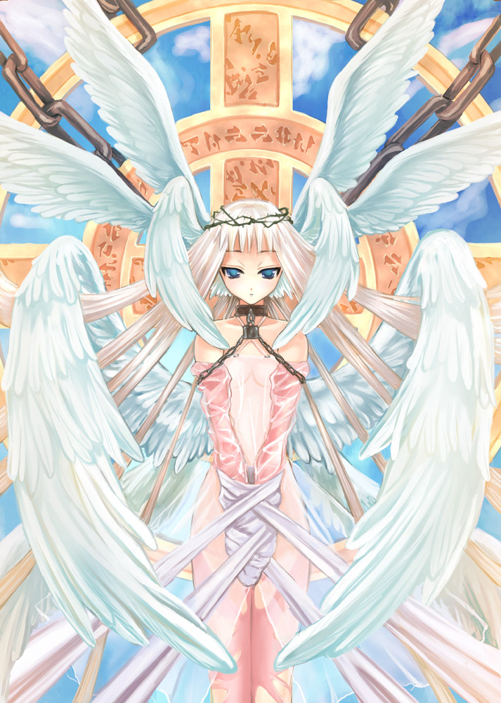 nekou izuru, angel, blue eyes, chain, cross, head wings, head wreath, long hair, multiple wings, see-through clothes, seraph, solo, wings