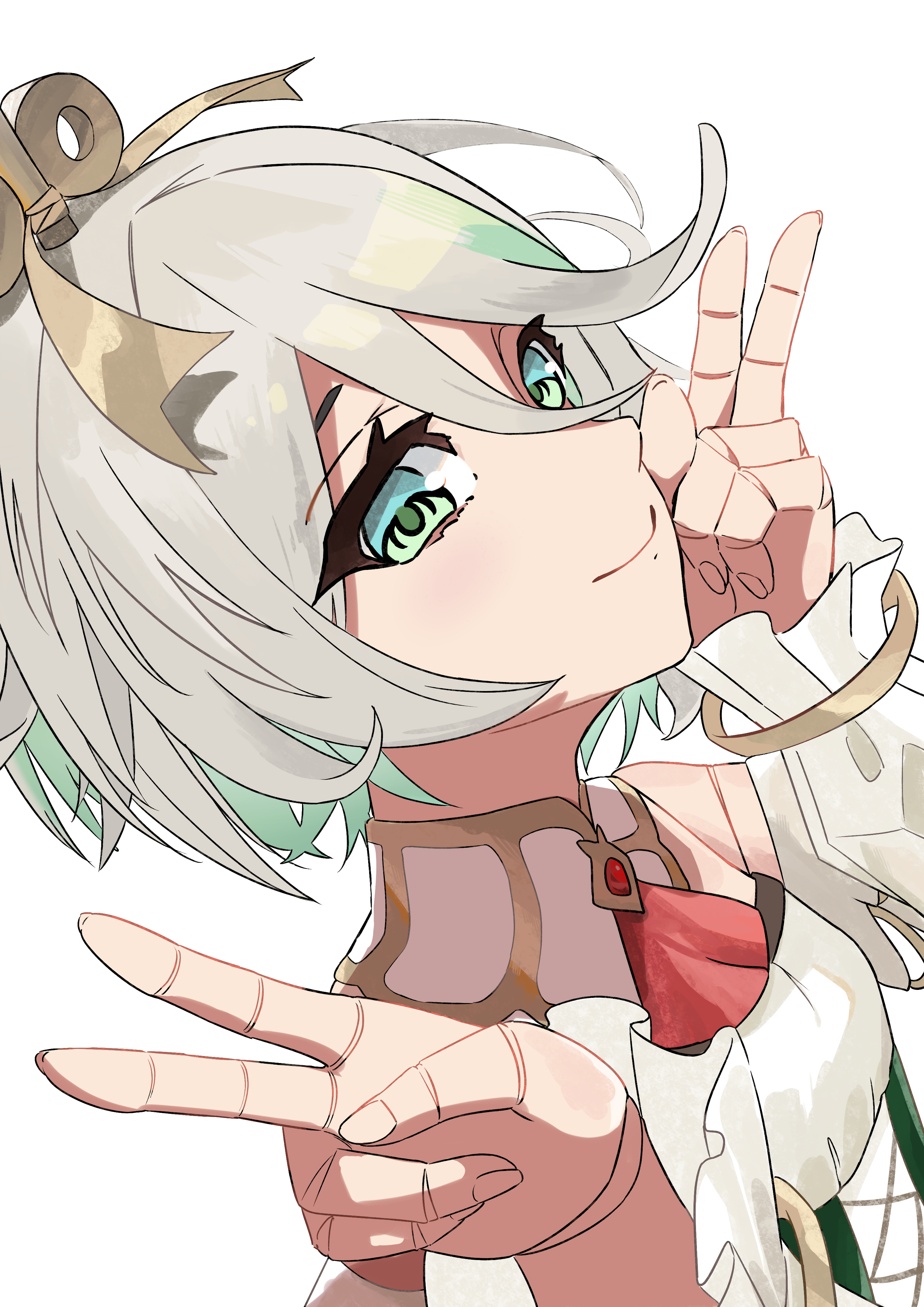 cecilia immergreen, cecilia immergreen (1st costume), hololive, hololive english, absurdres, highres, 1girl, ascot, closed mouth, doll joints, double v, gradient hair, green eyes, green hair, grey hair, hands up, joints, medium hair, multicolored hair, red ascot, romper, simple background, smile, solo, strapless romper, v, virtual youtuber, white background, white romper, winding key, yellow bear2