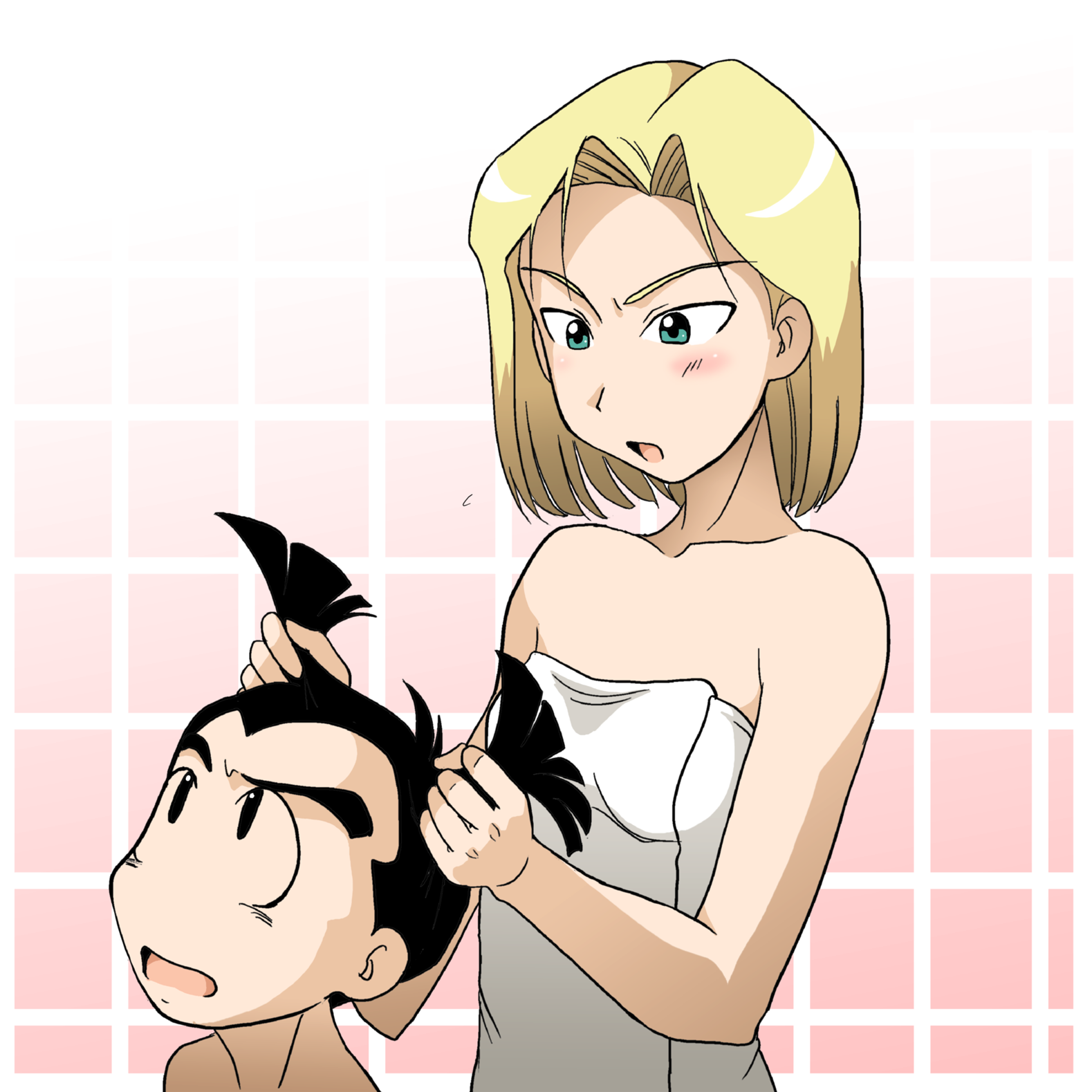 takaya n, android 18, kuririn, dragon ball, dragonball z, highres, 1boy, 1girl, black hair, blonde hair, blush, breasts, couple, green eyes, naked towel, short twintails, small breasts, towel, twintails