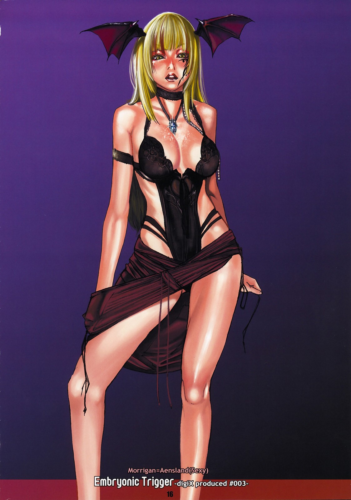 ohshima ryo, ooshima ryou, morrigan aensland, capcom, darkstalkers, highres, 1girl, blonde hair, breasts, cleavage, dress, female focus, head wings, jewelry, large breasts, necklace, solo, tattoo, wings, yellow eyes