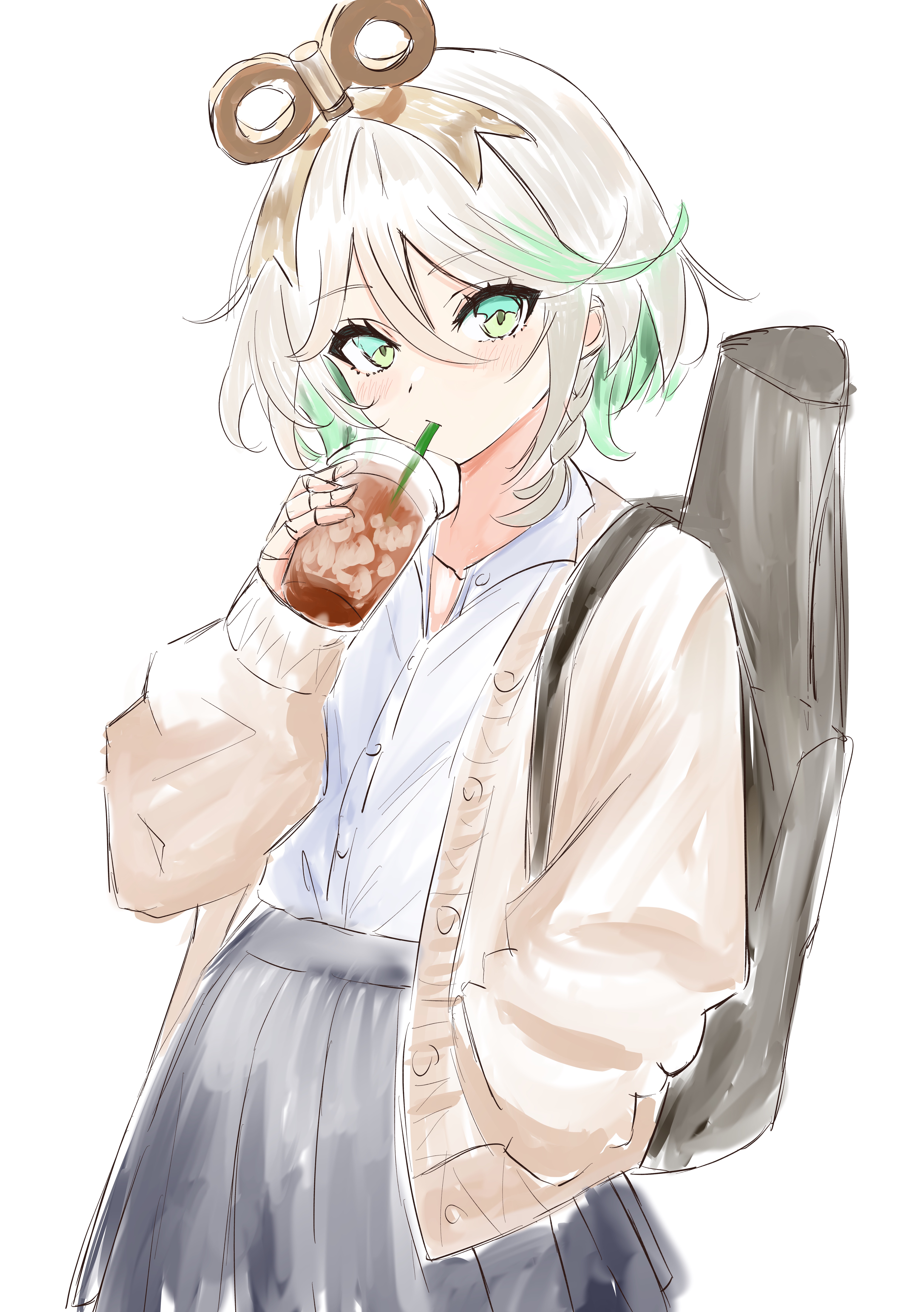 akamiya mumu, cecilia immergreen, hololive, hololive english, absurdres, highres, 1girl, black skirt, cardigan, coffee, colored inner hair, cup, disposable cup, doll joints, drinking, drinking straw, green eyes, green hair, grey cardigan, grey hair, iced coffee, joints, multicolored hair, shirt, simple background, skirt, solo, virtual youtuber, white background, white shirt, winding key