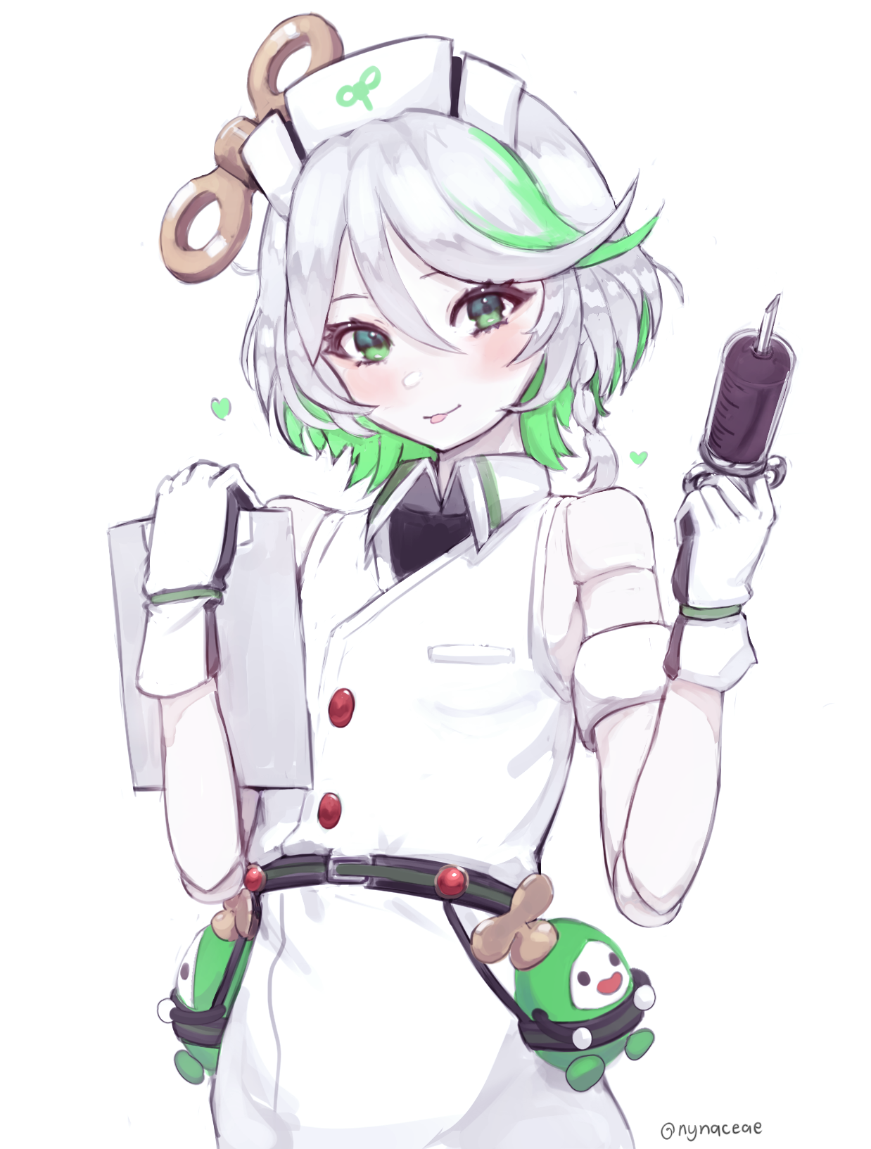 nynaceae, cecilia immergreen, otomo (cecilia immergreen), hololive, hololive english, highres, 1girl, alternate costume, clipboard, colored inner hair, doll joints, dress, green eyes, green hair, hat, holding, holding clipboard, holding syringe, joints, looking at viewer, medium hair, multicolored hair, nurse, nurse cap, simple background, solo, syringe, tongue, tongue out, virtual youtuber, white background, white dress, white hair, winding key