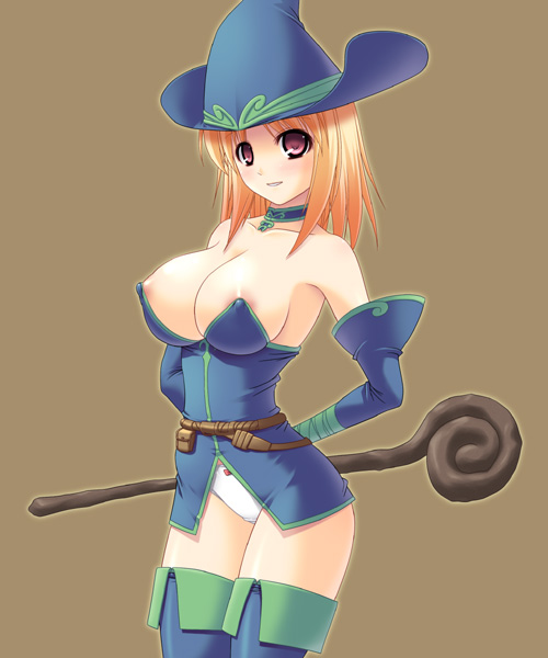abu, fantasy earth, 1girl, areola slip, arms behind back, bare shoulders, blonde hair, blush, boots, bow, bow panties, breasts, choker, cleavage, covered erect nipples, detached sleeves, elbow gloves, female focus, gloves, hat, huge breasts, large breasts, looking at viewer, narrow waist, nipple slip, nipples, no bra, orange hair, panties, pink eyes, red eyes, short hair, simple background, smile, solo, staff, standing, thigh boots, thighhighs, underwear, white panties