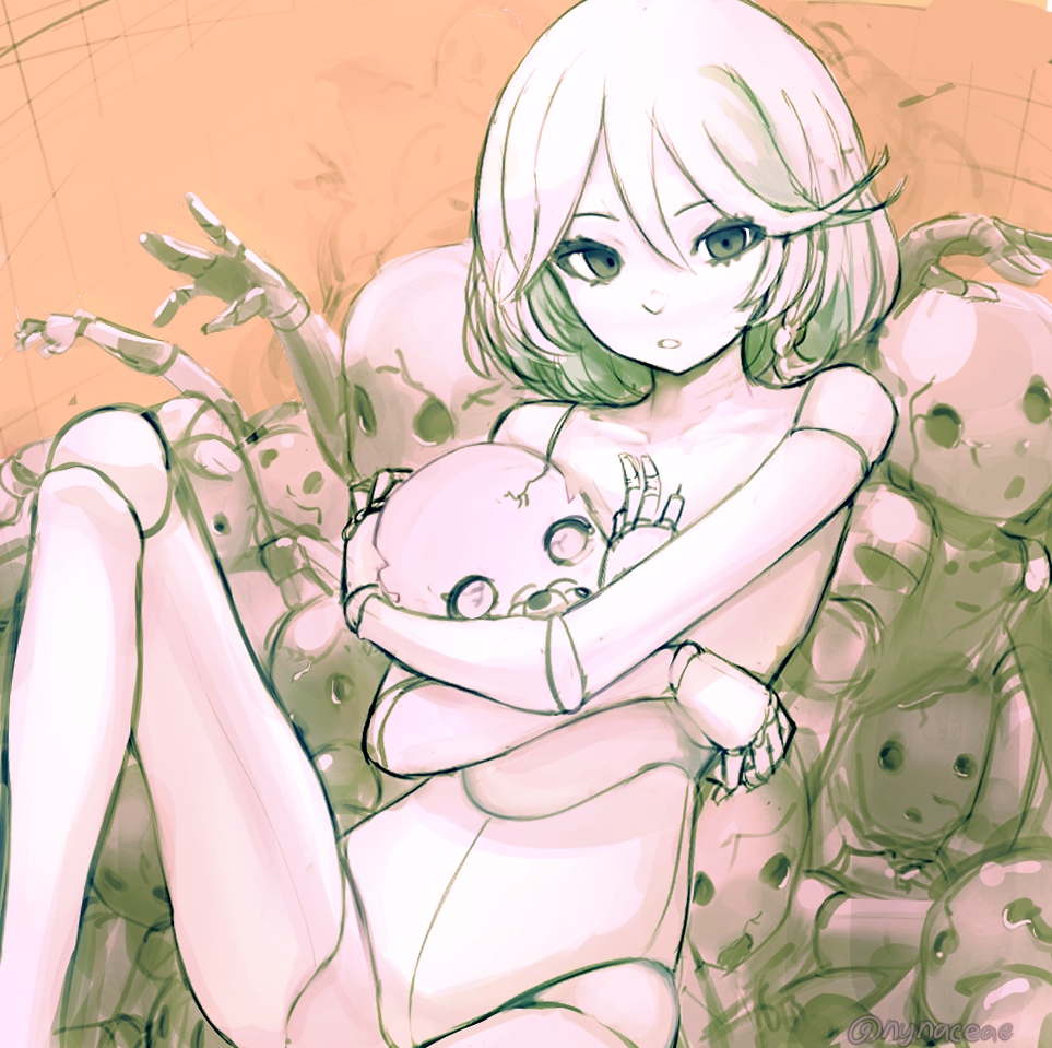 nynaceae, cecilia immergreen, hololive, hololive english, 1girl, broken doll, doll, doll joints, holding, holding doll, joints, knee up, medium hair, nude, orange background, parted lips, partially colored, solo, virtual youtuber