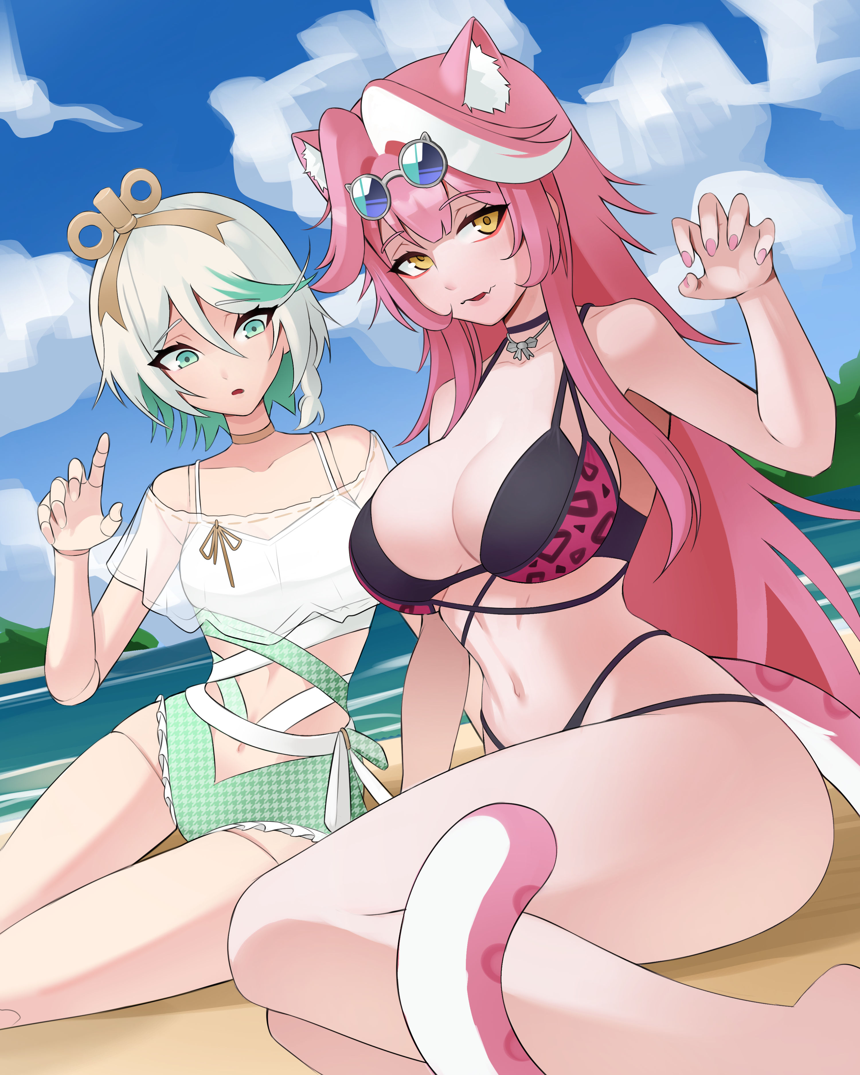 kaerujj, cecilia immergreen, cecilia immergreen (holonatsu paradise), raora panthera, raora panthera (holonatsu paradise), hololive, hololive english, holonatsu paradise, absurdres, highres, 1girl, animal ears, beach, bikini, black bikini, blue sky, braid, breasts, cloud, cloudy sky, colored inner hair, day, doll joints, double bikini, eyewear on head, green bikini, green eyes, green hair, grey hair, joints, large breasts, leopard print bikini, looking at breasts, medium hair, multicolored hair, navel, outdoors, panther ears, panther girl, panther tail, pink bikini, round eyewear, sand, sky, small breasts, solo, swimsuit, tail, virtual youtuber, white bikini, white streaks, winding key