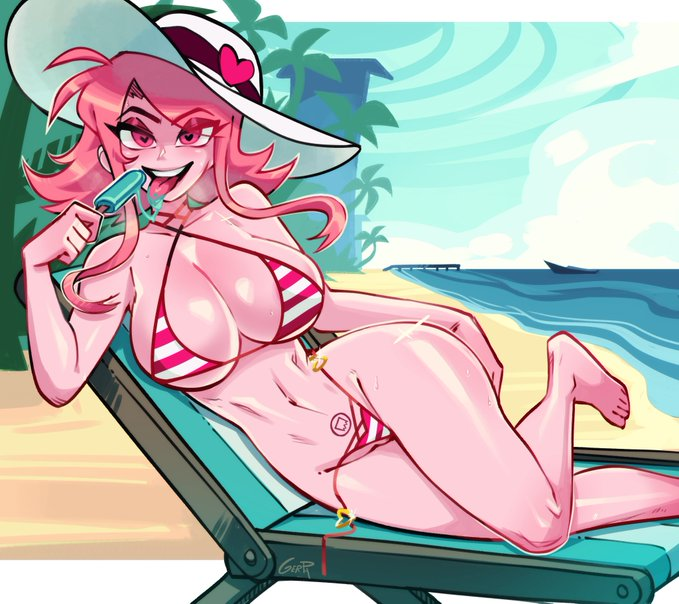gerph, miss heed, cartoon network, villainous, ass, beach, beach chair, belly, bikini, breasts, chair, curvy, eating, feet, food, hat, heart, heart-shaped pupils, highleg, highleg bikini, huge ass, huge breasts, ice cream, large breasts, looking at viewer, multicolored hair, navel, ocean, open clothes, open mouth, outdoors, palm tree, pink eyes, pink hair, popsicle, pubic tattoo, red bikini, sand, sitting, streaked hair, string bikini, striped bikini, striped clothes, swimsuit, symbol-shaped pupils, tattoo, thick thighs, thighs, tongue, tongue out, tree, untied bikini