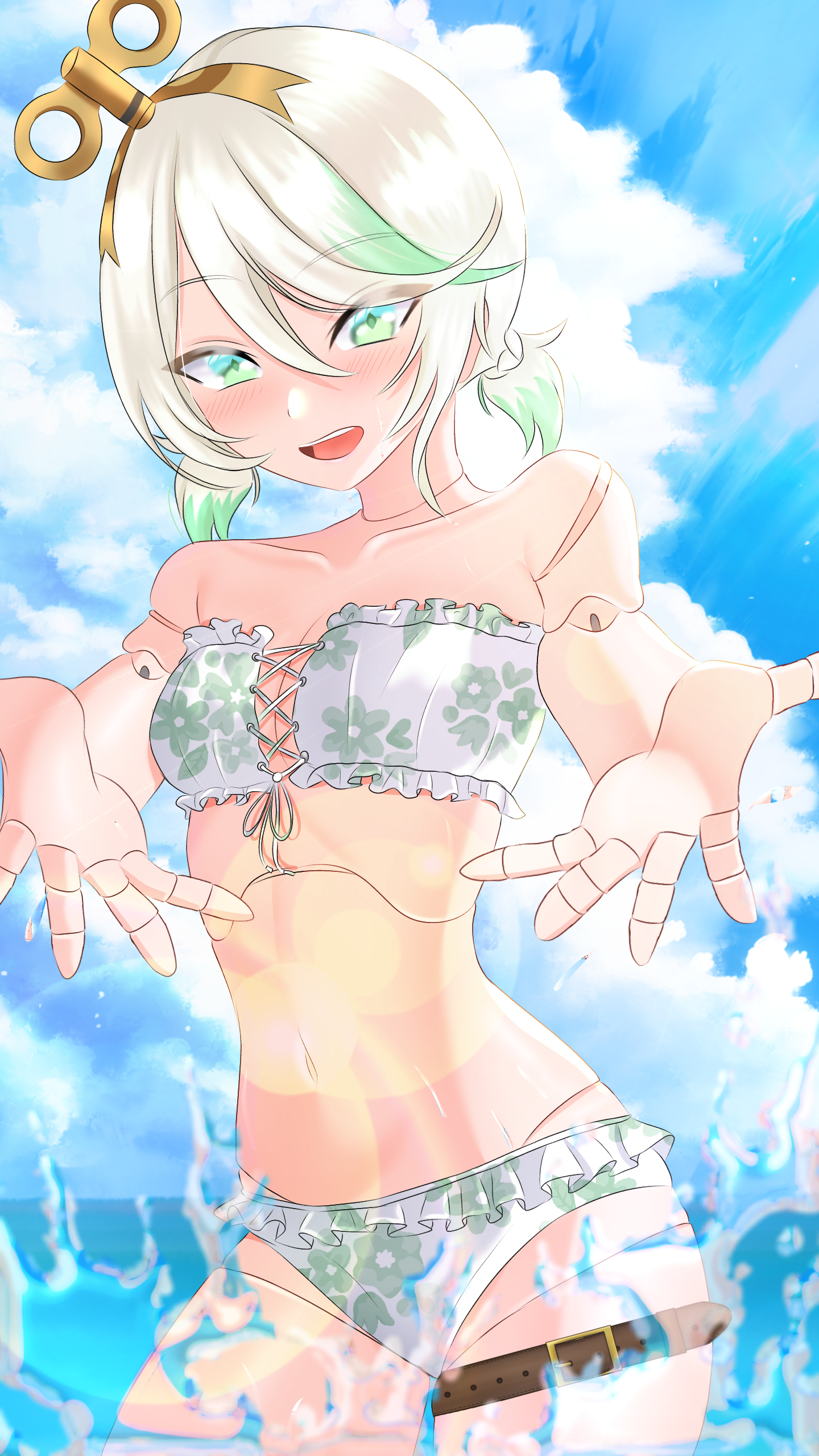 rain lambda, cecilia immergreen, hololive, hololive english, absurdres, highres, 1girl, bikini, breasts, cloud, cloudy sky, day, doll joints, floral print bikini, green eyes, green hair, grey hair, joints, low twintails, medium hair, multicolored hair, navel, open mouth, outdoors, sky, small breasts, solo, splashing, swimsuit, thigh strap, twintails, virtual youtuber, water, white bikini, winding key
