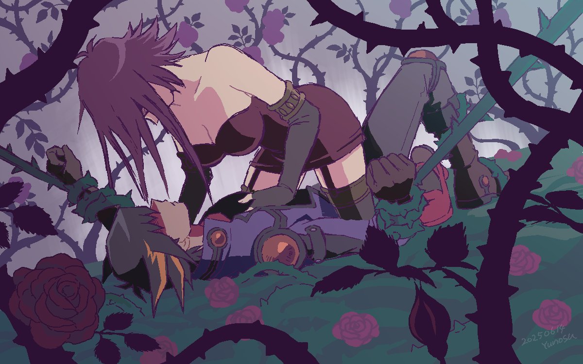 mutsuki kaya, fudo yusei, izayoi aki, yu-gi-oh!, yu-gi-oh! 5d's, 1boy, 1girl, biker clothes, bikesuit, black hair, blonde hair, bodysuit, breasts, cleavage, corset, couple, dress, elbow gloves, fingerless gloves, gloves, hetero, jewelry, large breasts, long hair, multicolored hair, red corset, red hair, short hair, short hair with long locks, spiked hair, thighhighs