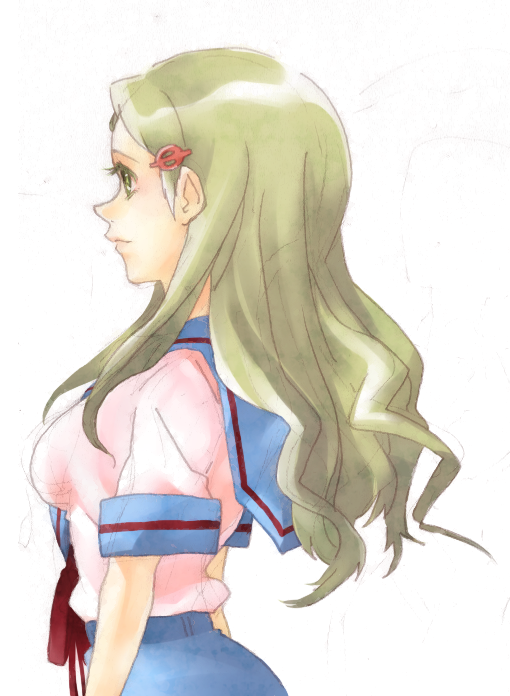 tashimo, kimidori emiri, suzumiya haruhi no yuuutsu, 00s, 1girl, blonde hair, blue skirt, blush, breasts, collar, cowboy shot, female focus, from side, hair ornament, hairclip, large breasts, profile, red ribbon, ribbon, sailor collar, school uniform, serafuku, shirt, short sleeves, simple background, skirt, solo, wavy hair, white background, white shirt